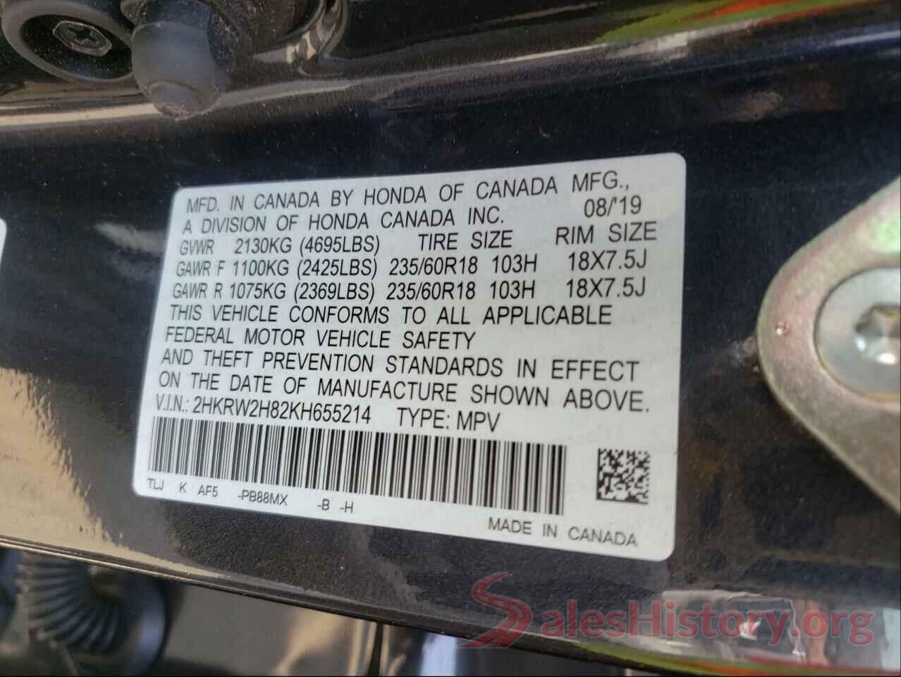 2HKRW2H82KH655214 2019 HONDA CRV