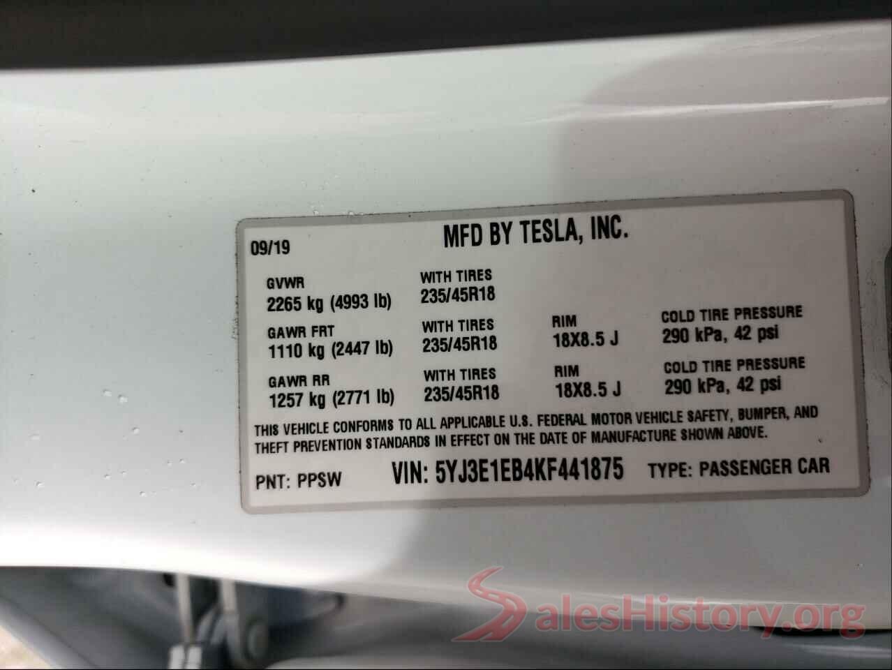 5YJ3E1EB4KF441875 2019 TESLA MODEL 3