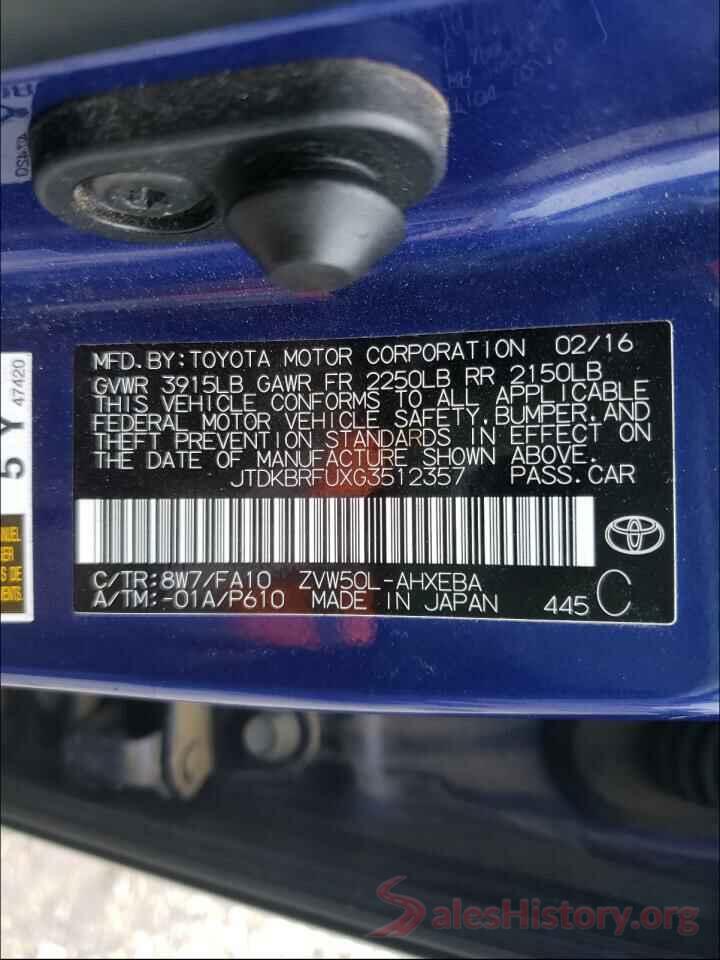 JTDKBRFUXG3512357 2016 TOYOTA PRIUS