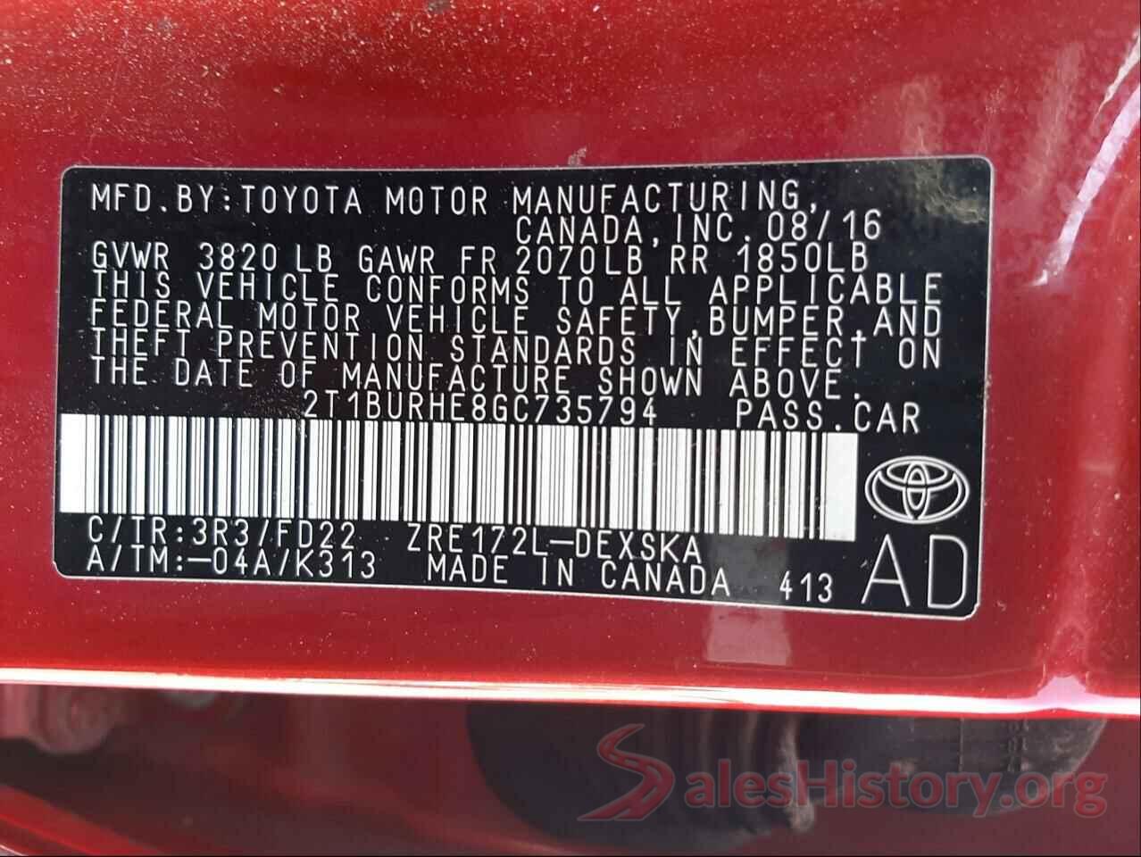 2T1BURHE8GC735794 2016 TOYOTA COROLLA