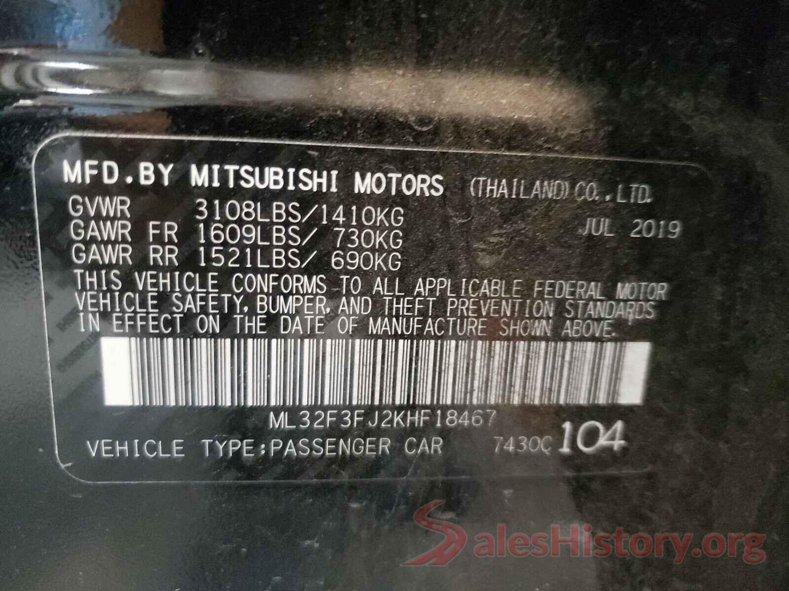 ML32F3FJ2KHF18467 2019 MITSUBISHI MIRAGE