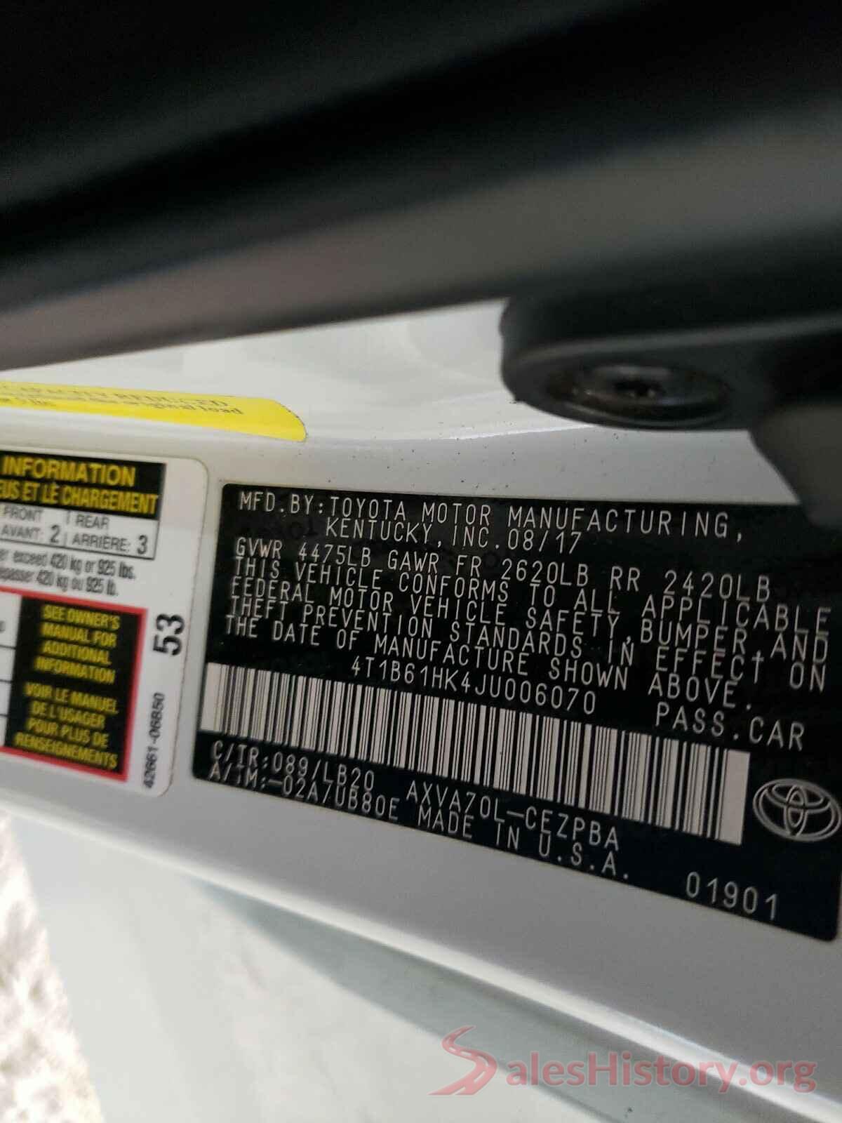 4T1B61HK4JU006070 2018 TOYOTA CAMRY