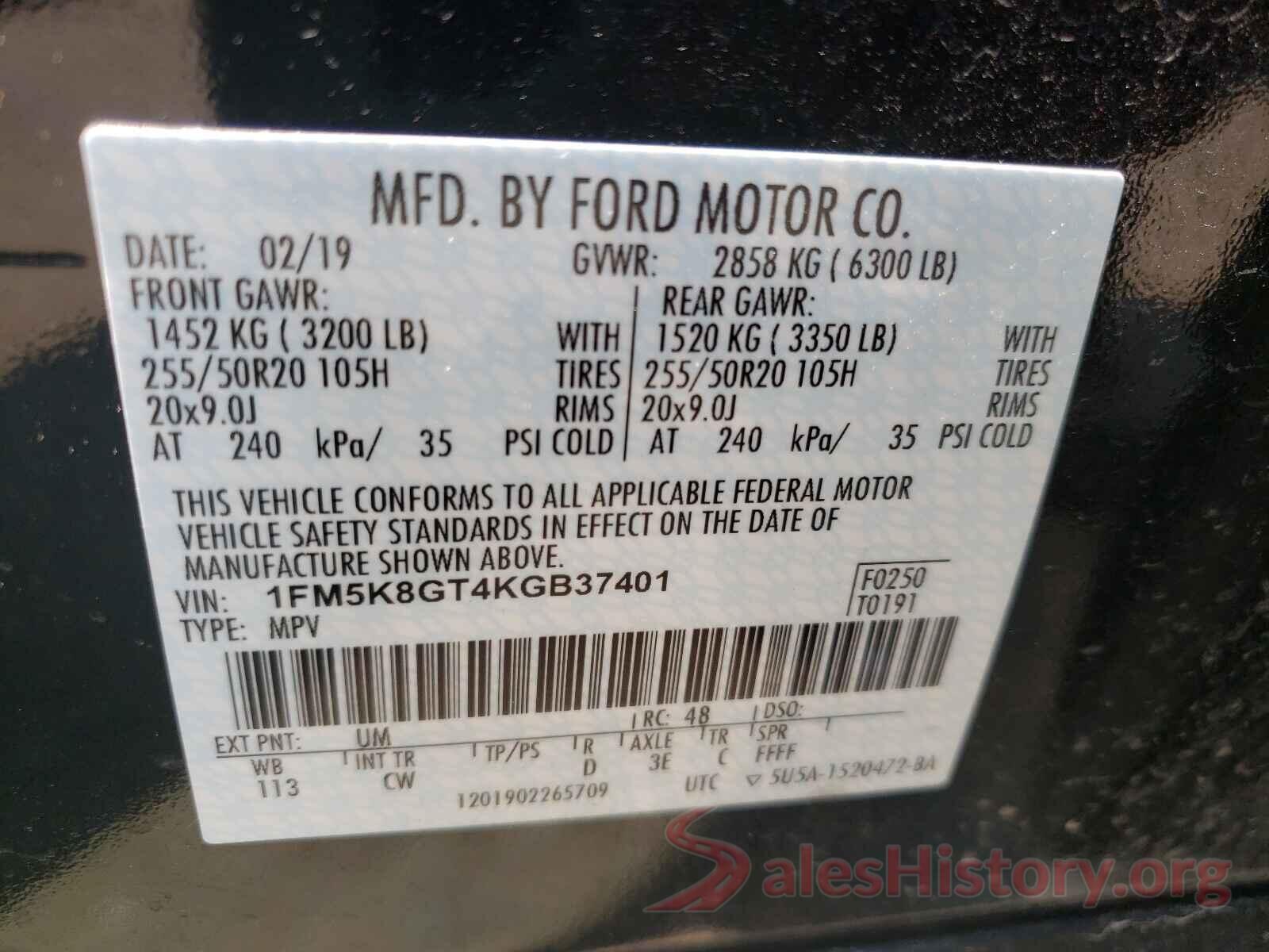 1FM5K8GT4KGB37401 2019 FORD EXPLORER