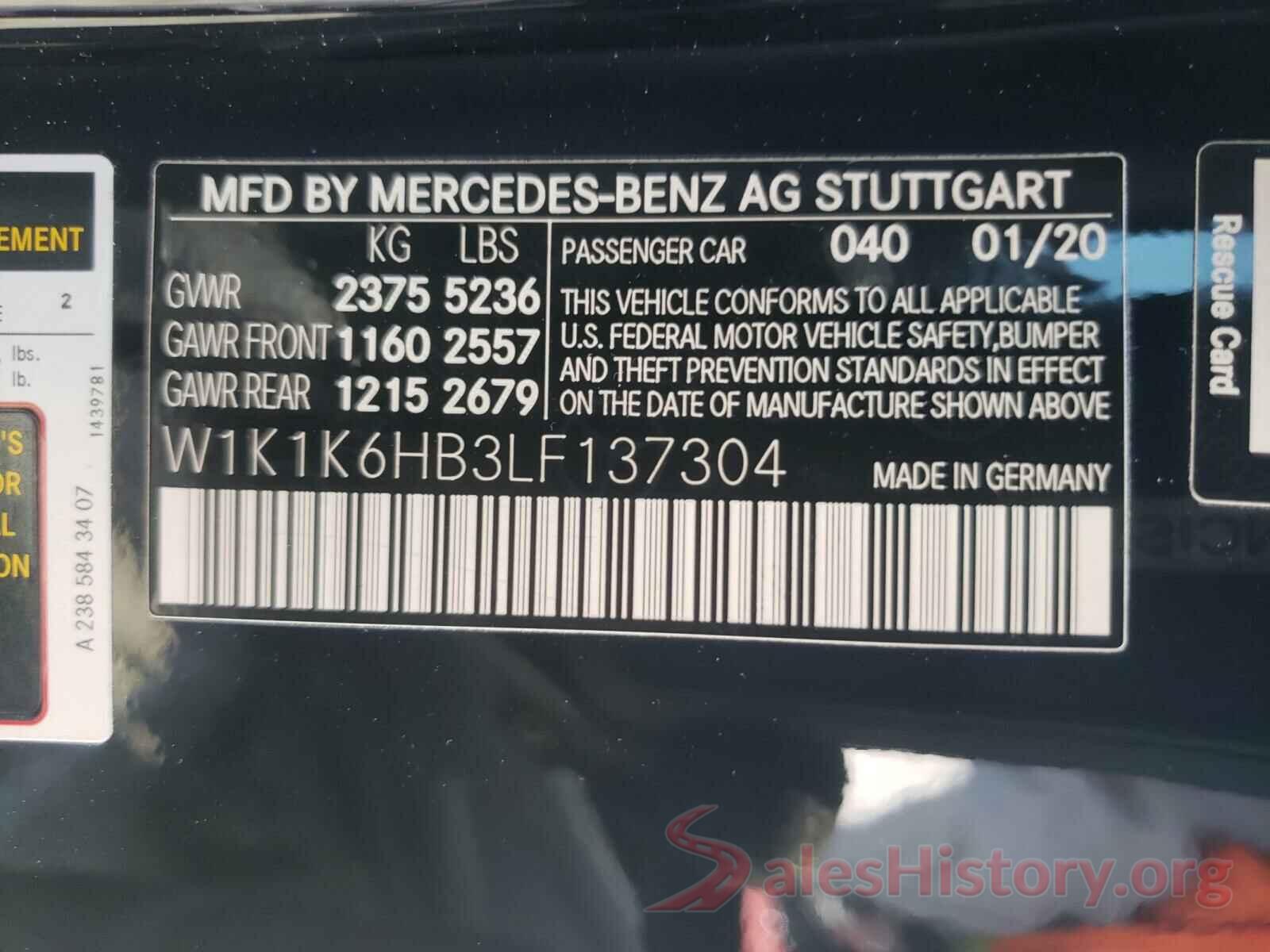 W1K1K6HB3LF137304 2020 MERCEDES-BENZ E-CLASS