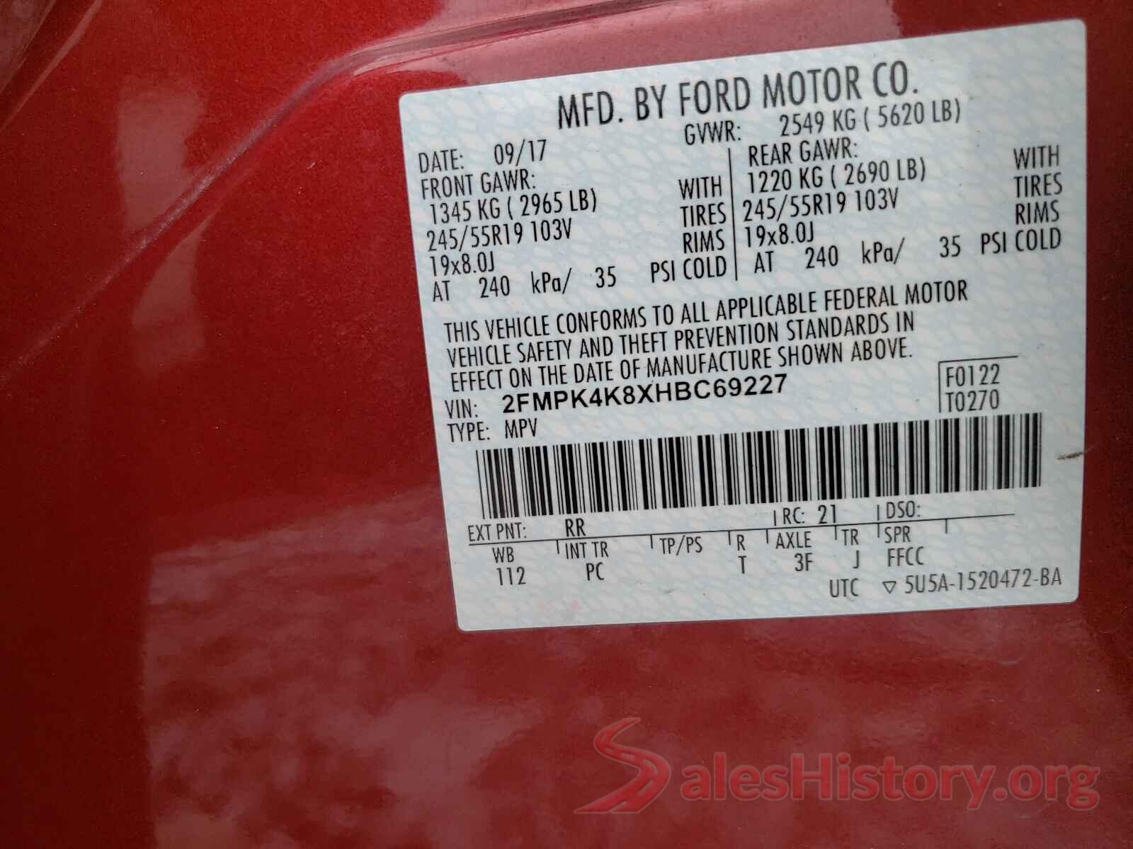 2FMPK4K8XHBC69227 2017 FORD EDGE