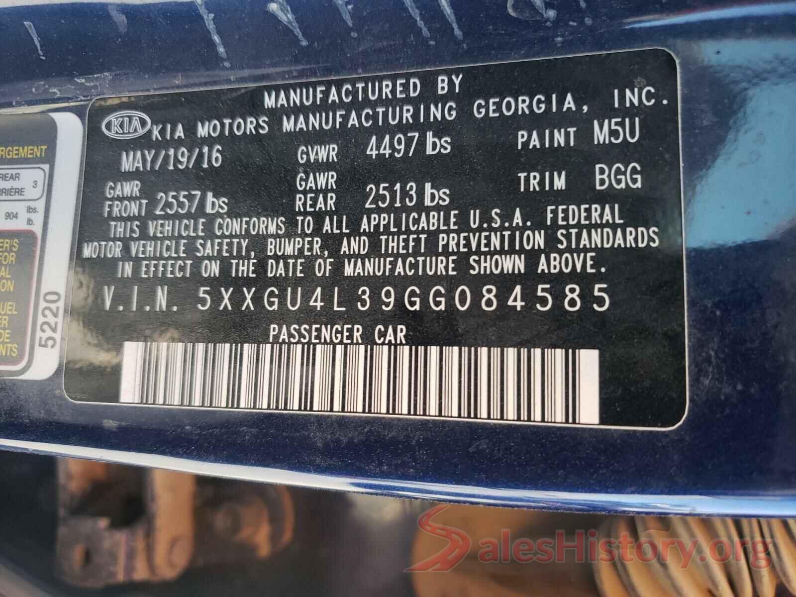 5XXGU4L39GG084585 2016 KIA OPTIMA