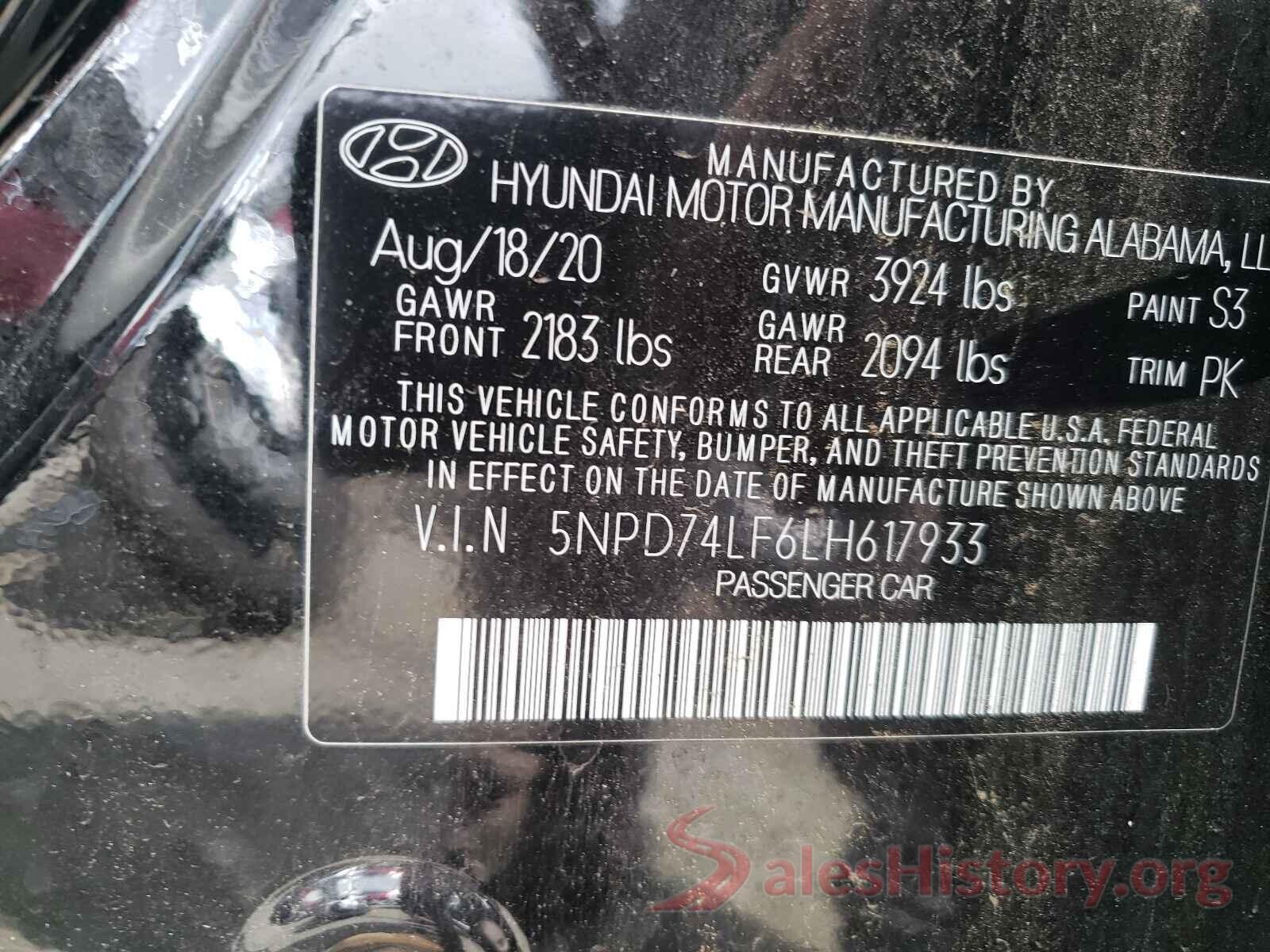 5NPD74LF6LH617933 2020 HYUNDAI ELANTRA