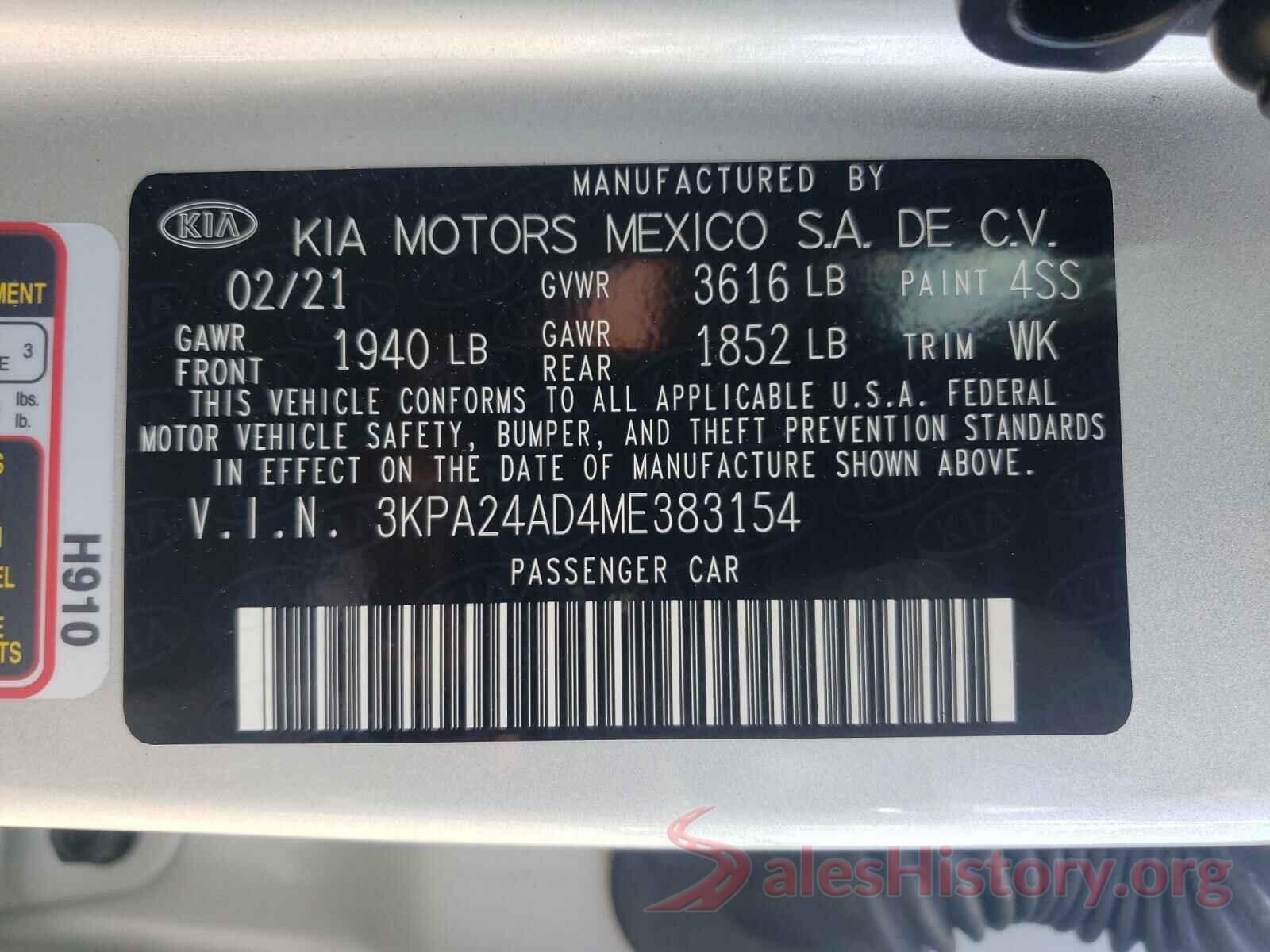 3KPA24AD4ME383154 2021 KIA RIO