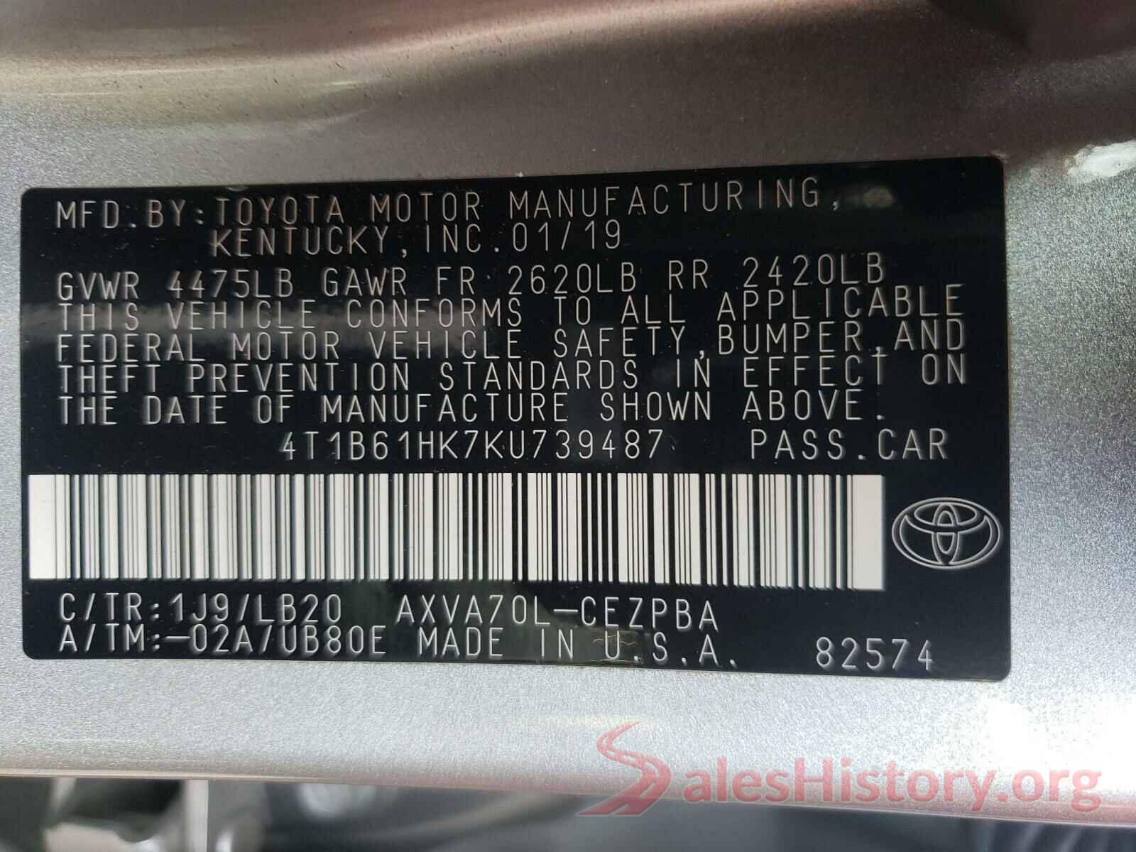 4T1B61HK7KU739487 2019 TOYOTA CAMRY