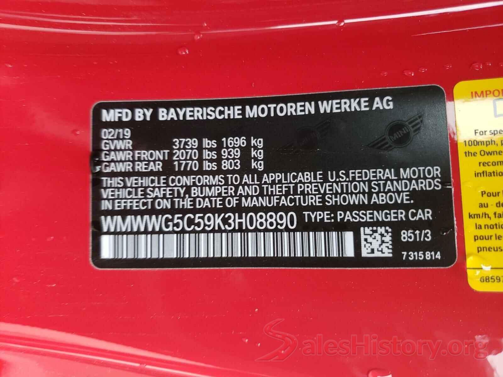 WMWWG5C59K3H08890 2019 MINI COOPER