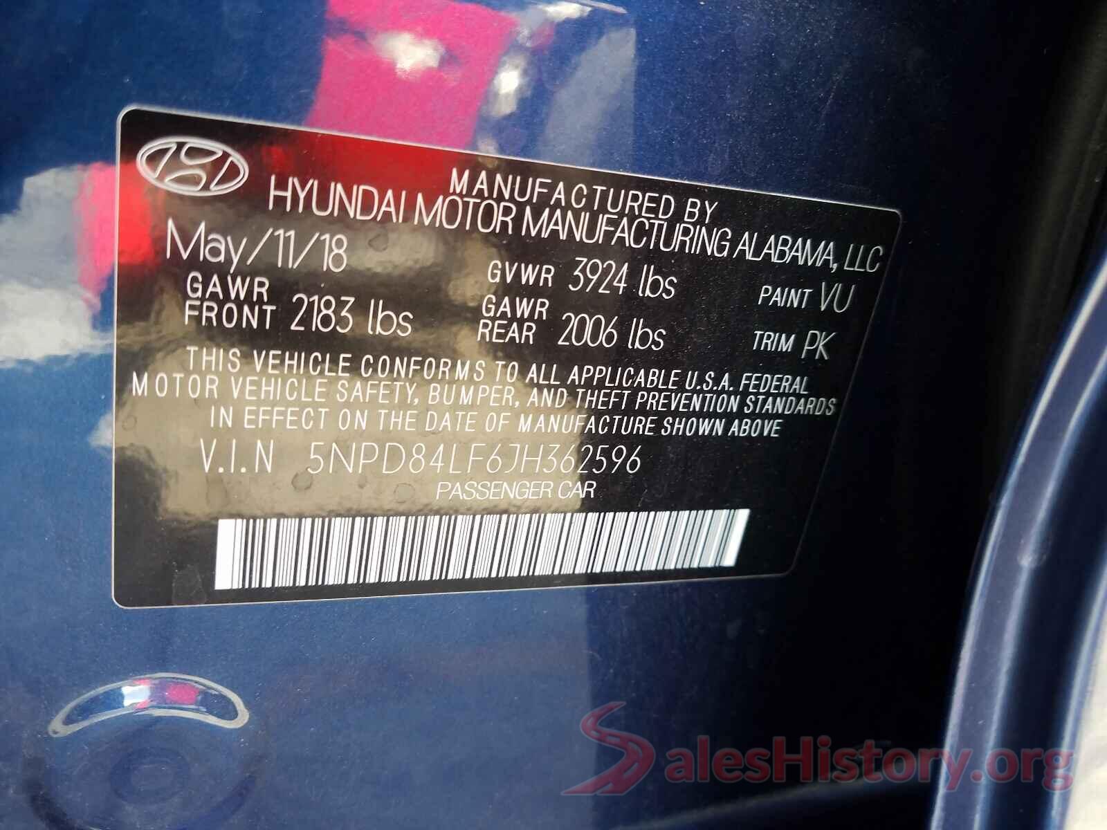 5NPD84LF6JH362596 2018 HYUNDAI ELANTRA