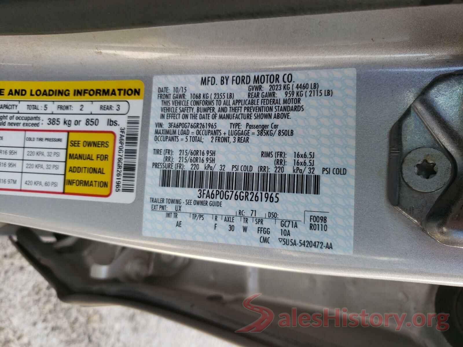 3FA6P0G76GR261965 2016 FORD FUSION