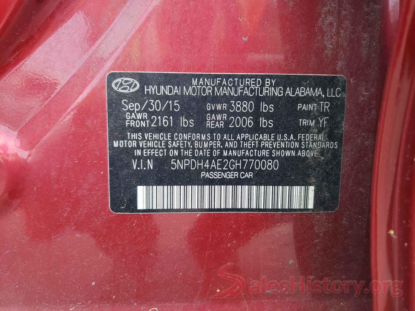 5NPDH4AE2GH770080 2016 HYUNDAI ELANTRA