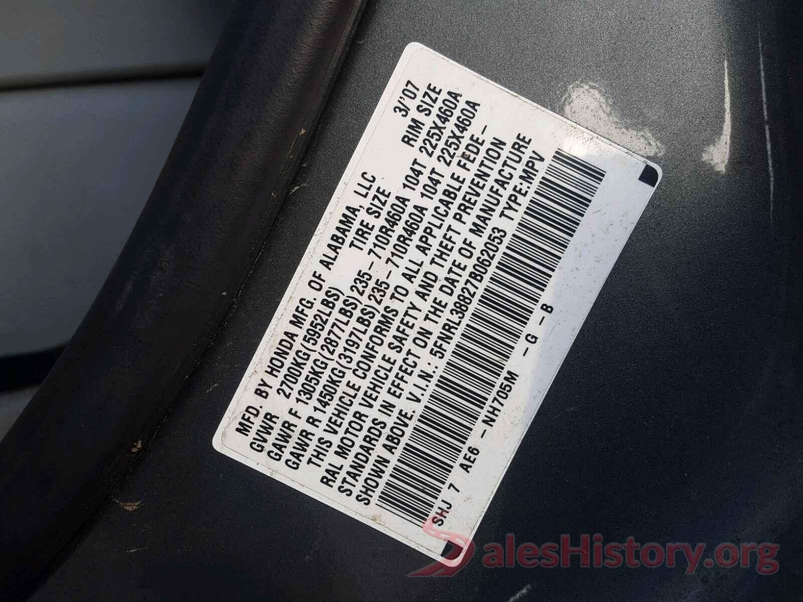 5FNRL38827B062053 2007 HONDA ODYSSEY TO