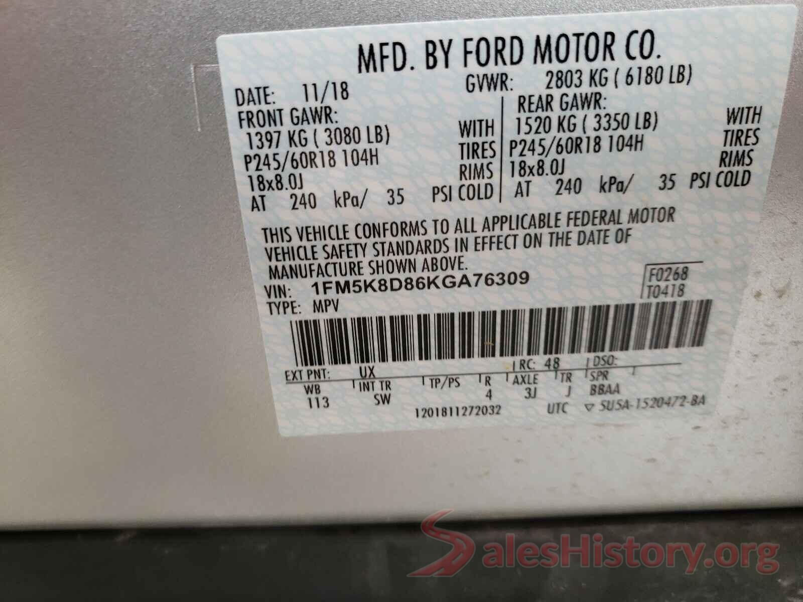 1FM5K8D86KGA76309 2019 FORD EXPLORER