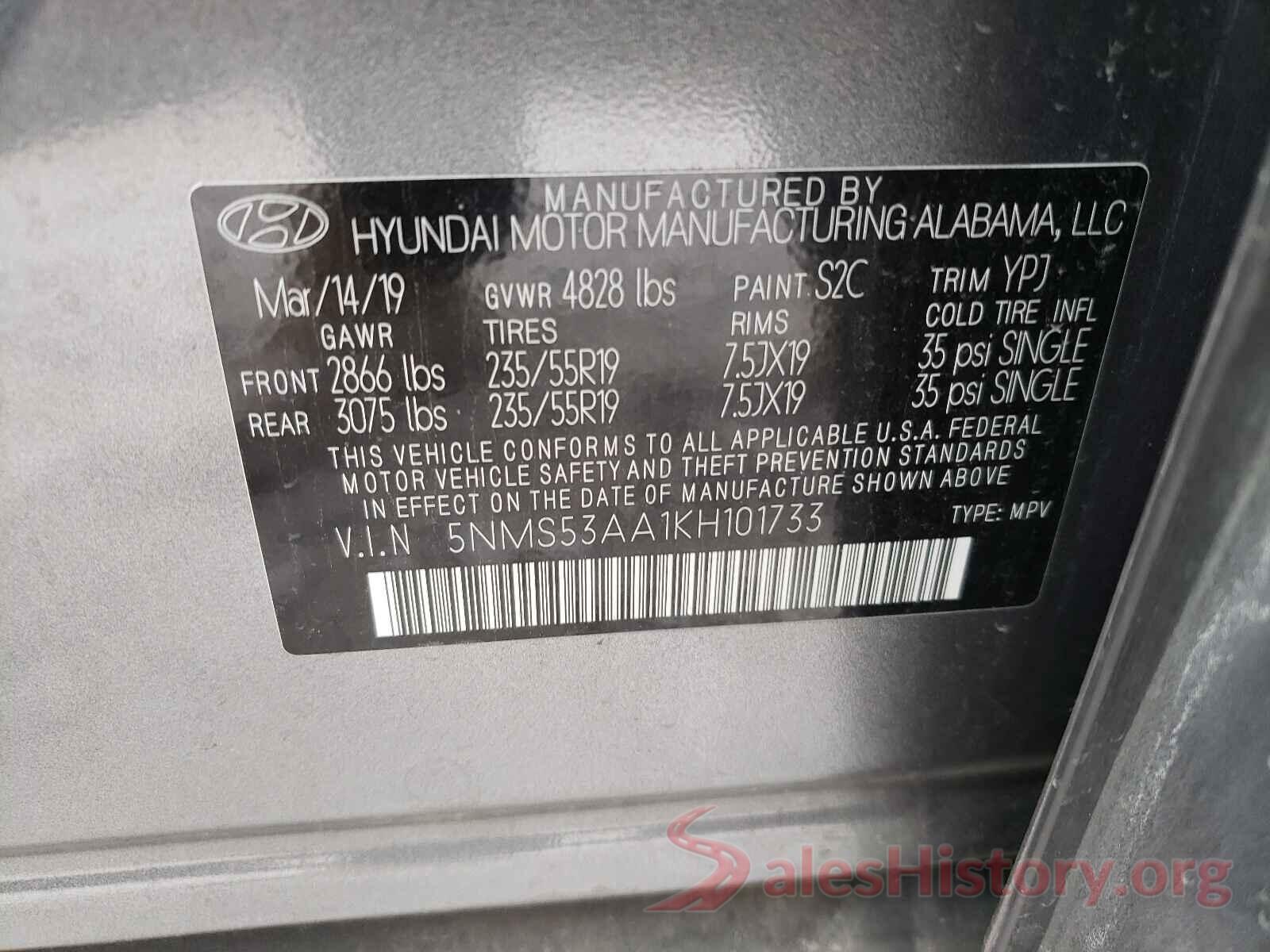 5NMS53AA1KH101733 2019 HYUNDAI SANTA FE