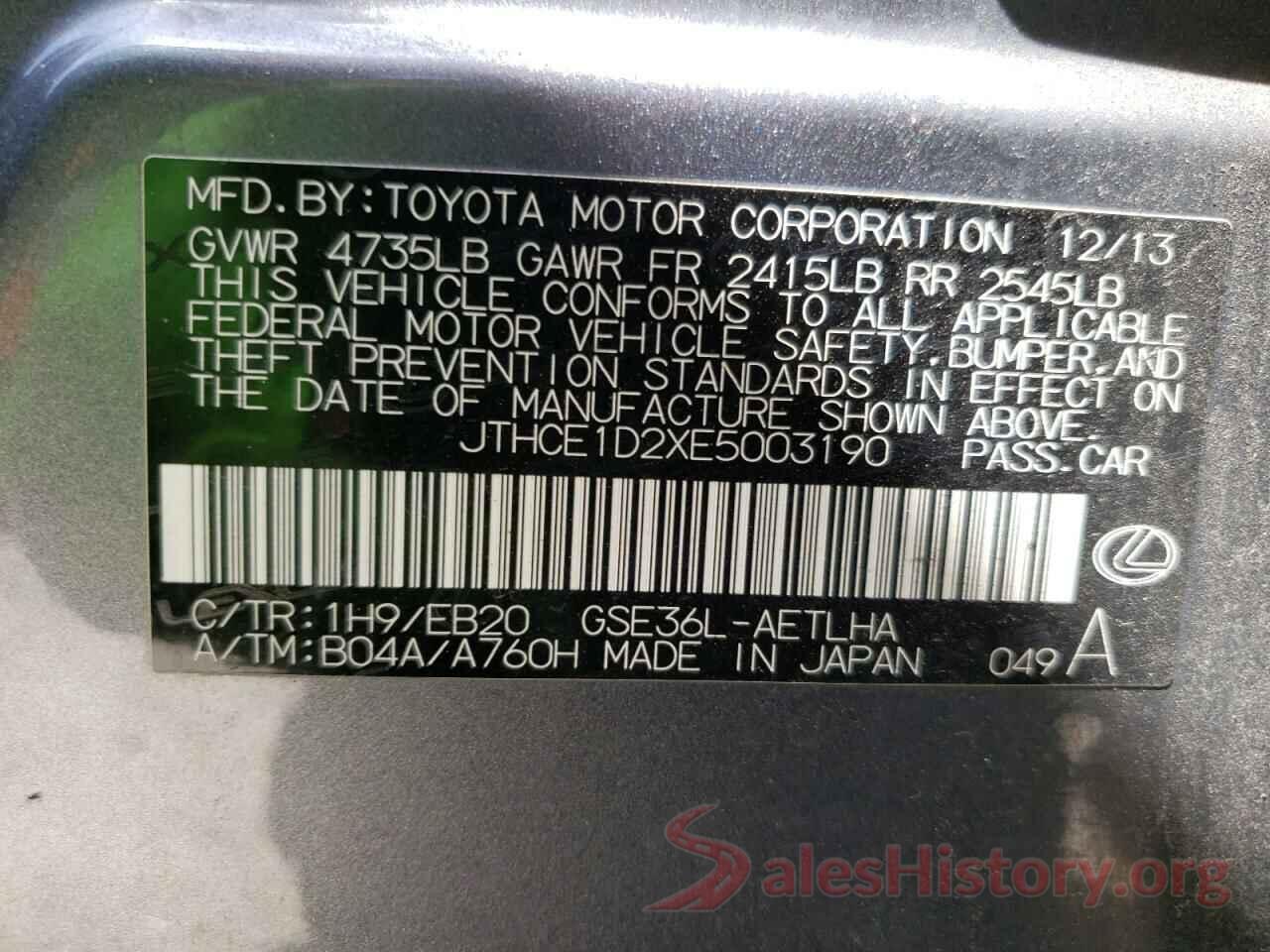 JTHCE1D2XE5003190 2014 LEXUS IS