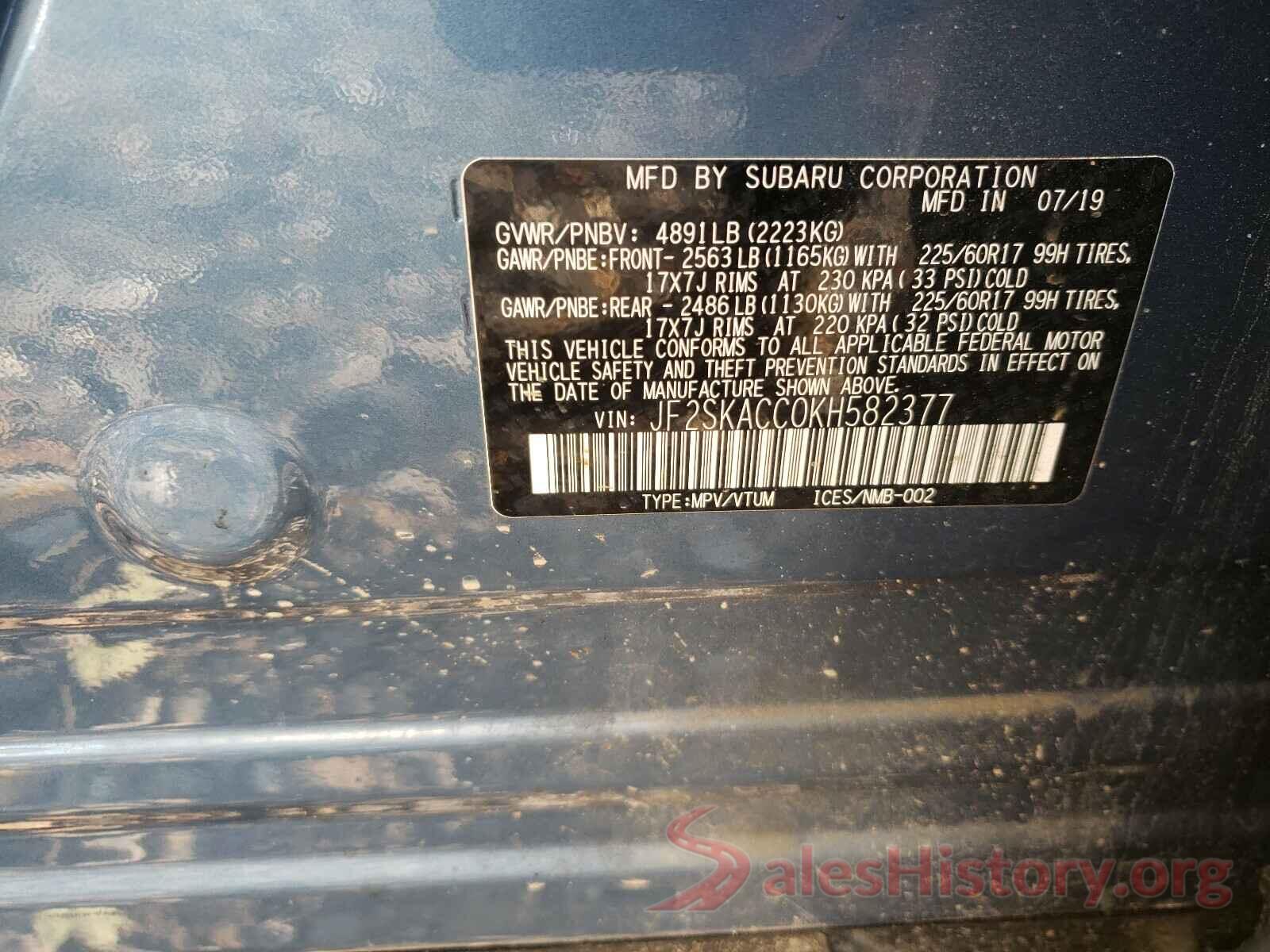 JF2SKACC0KH582377 2019 SUBARU FORESTER