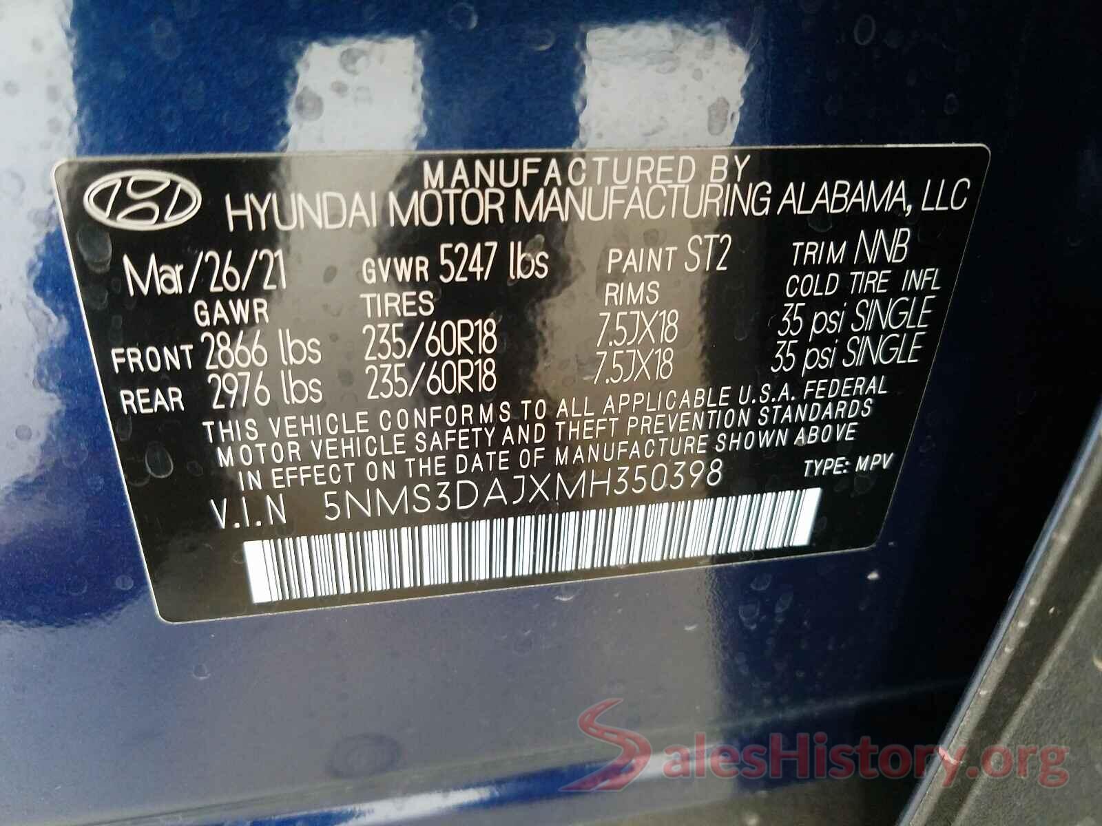 5NMS3DAJXMH350398 2021 HYUNDAI SANTA FE