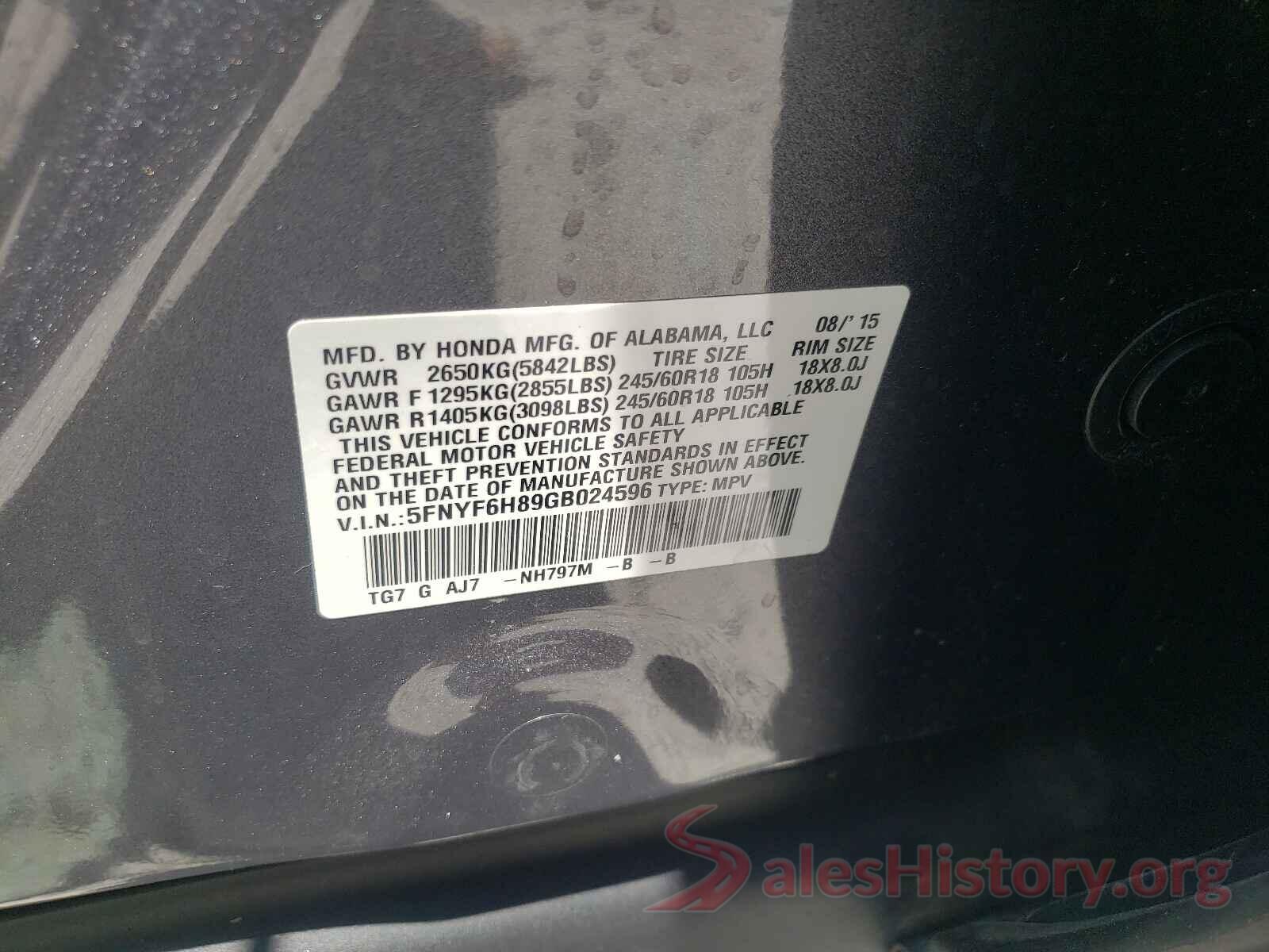 5FNYF6H89GB024596 2016 HONDA PILOT