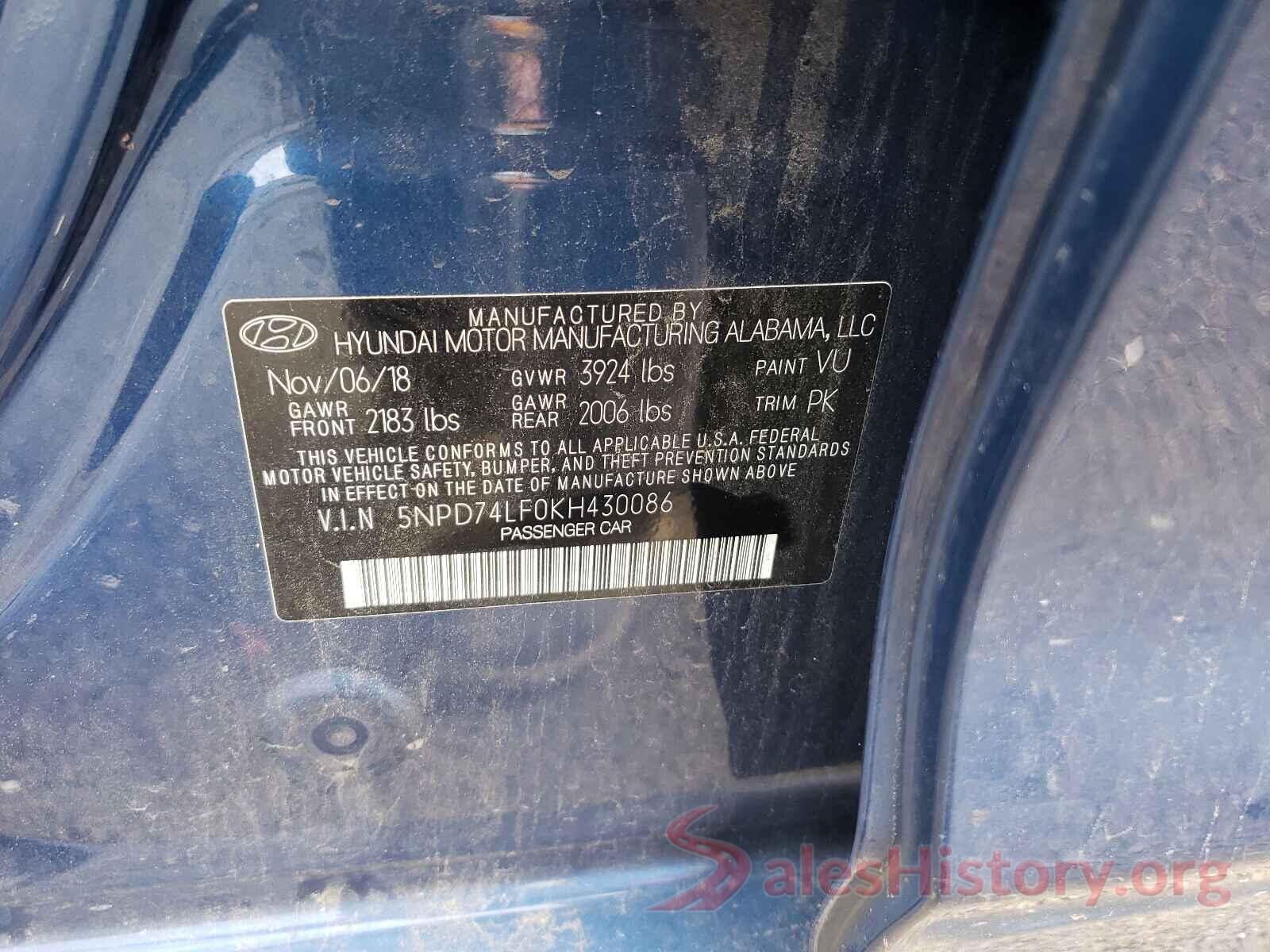 5NPD74LF0KH430086 2019 HYUNDAI ELANTRA