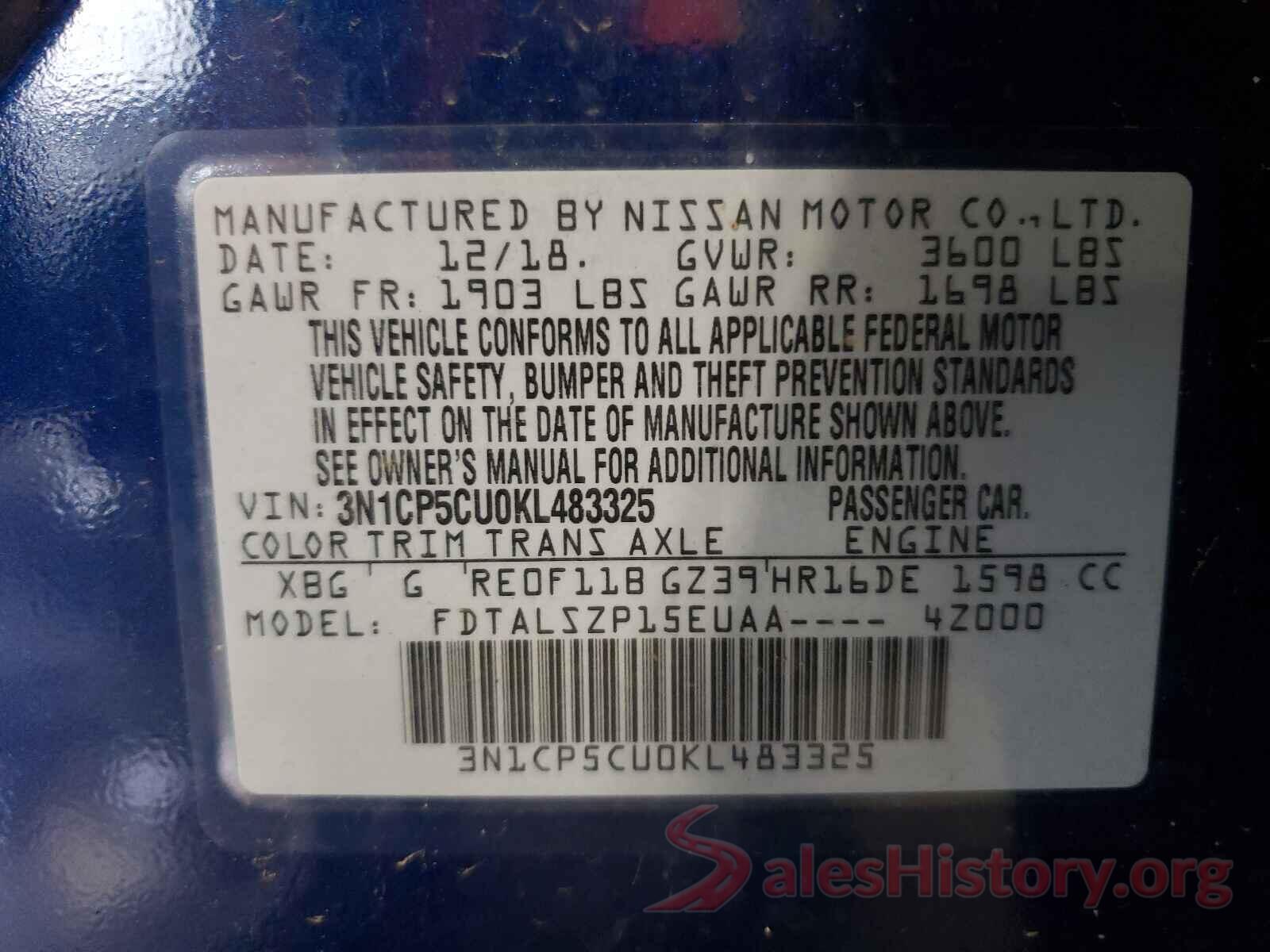 3N1CP5CU0KL483325 2019 NISSAN KICKS