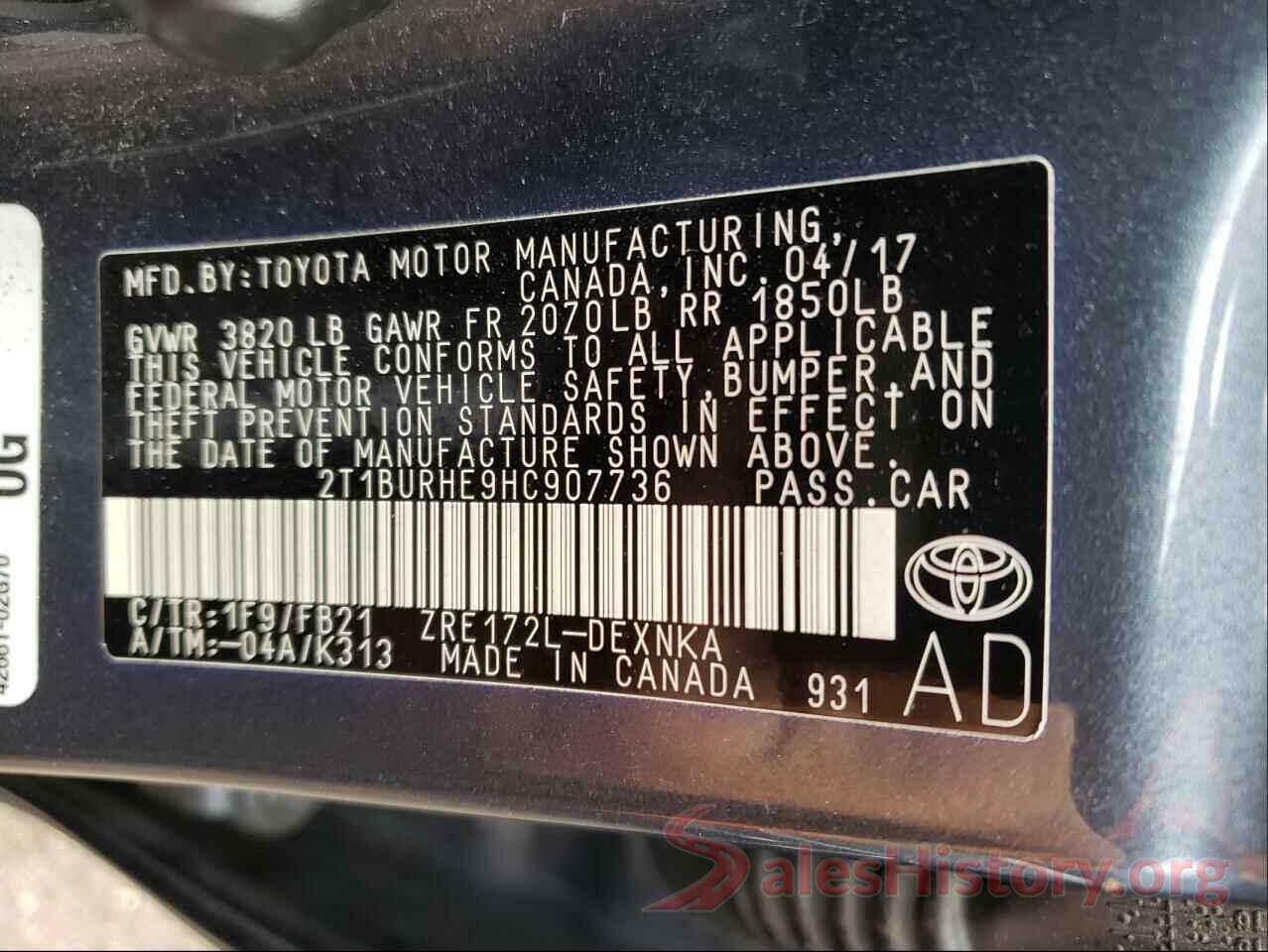 2T1BURHE9HC907736 2017 TOYOTA COROLLA