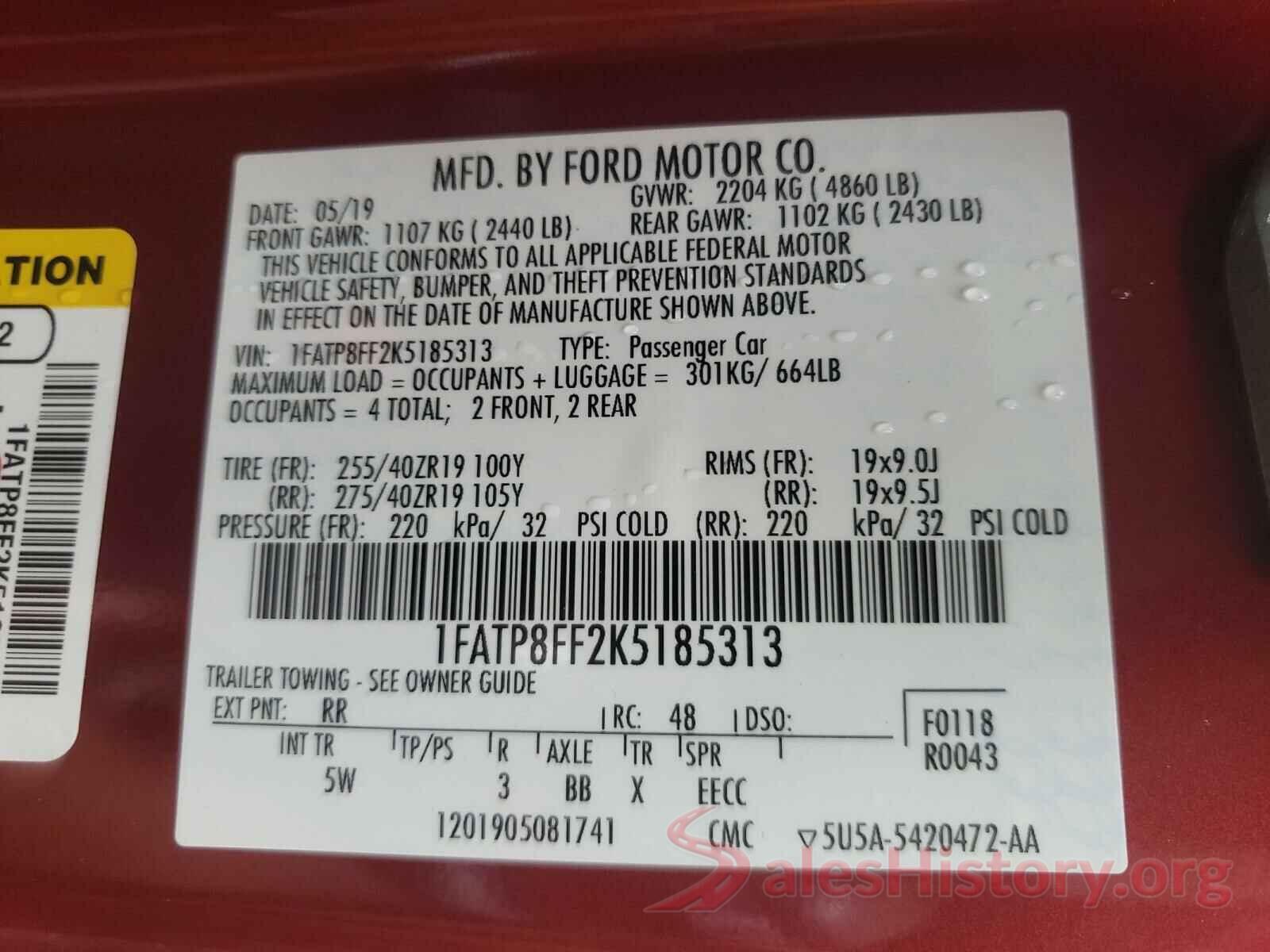 1FATP8FF2K5185313 2019 FORD MUSTANG