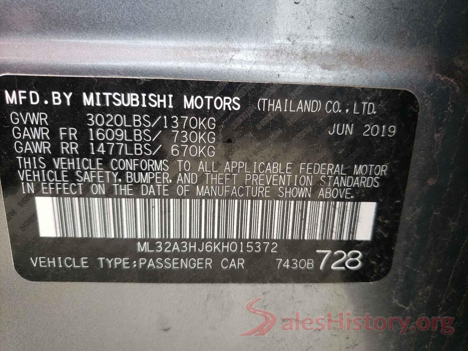 ML32A3HJ6KH015372 2019 MITSUBISHI MIRAGE