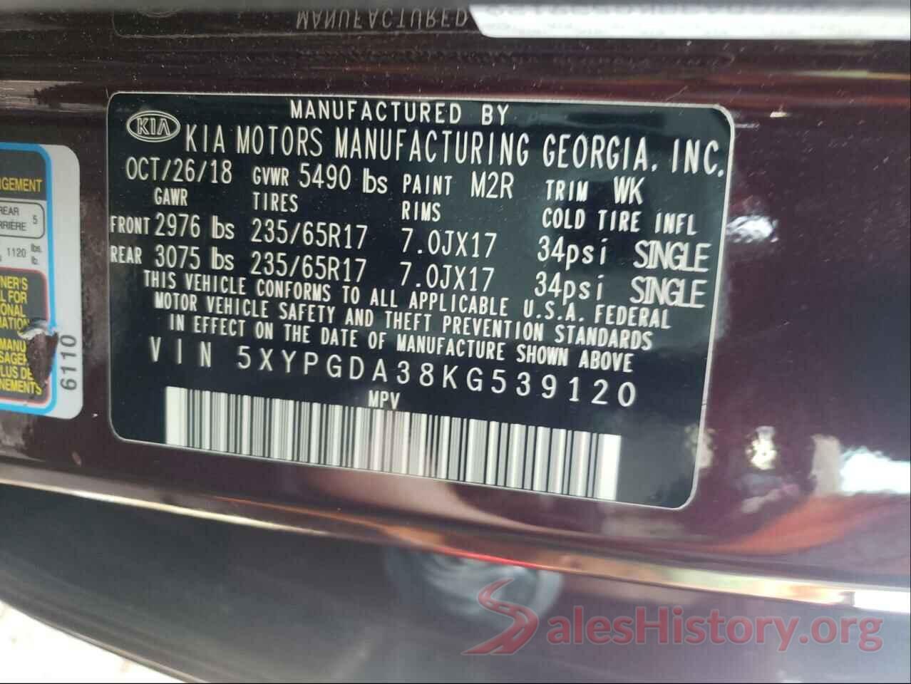 5XYPGDA38KG539120 2019 KIA SORENTO