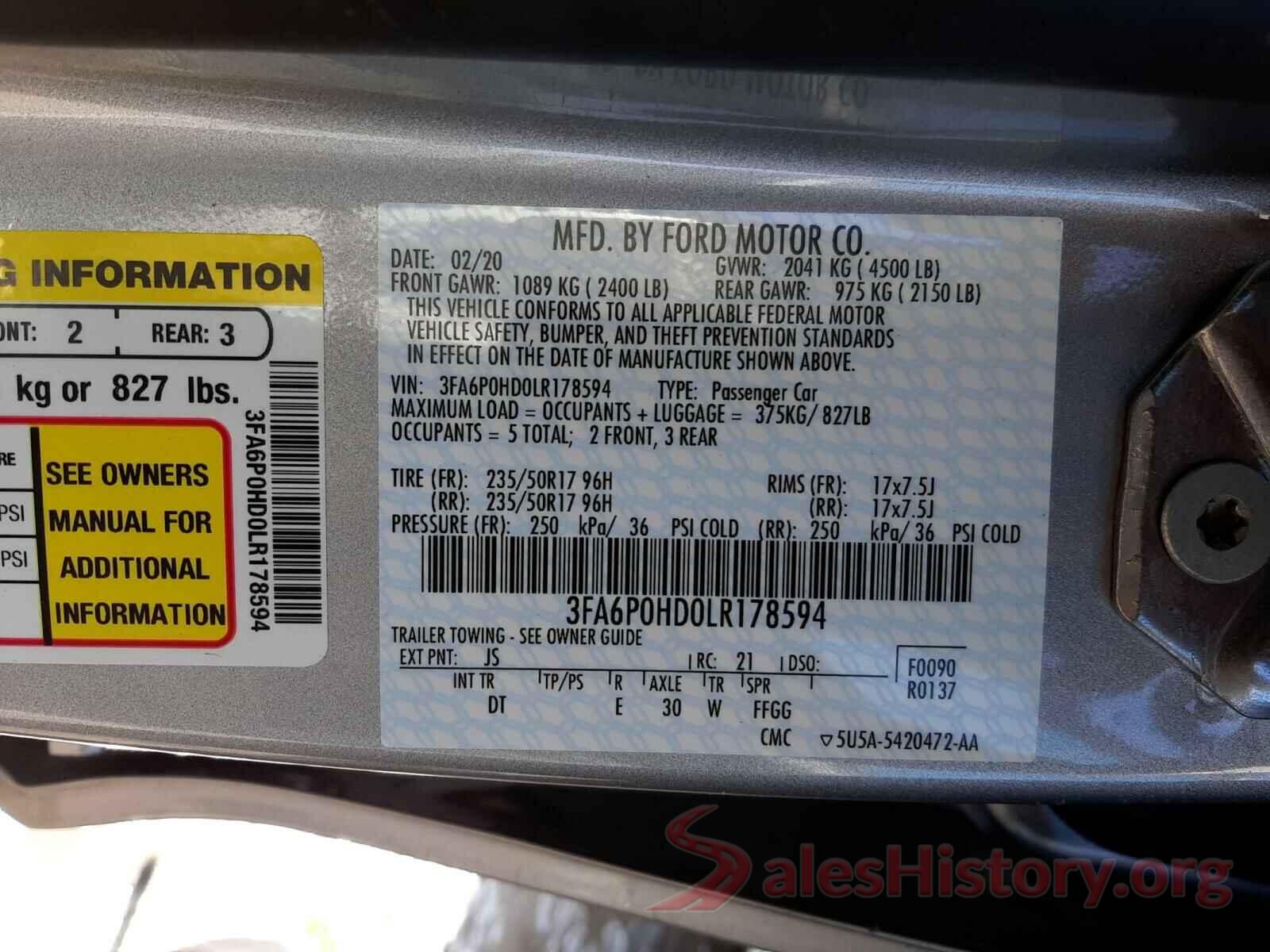 3FA6P0HD0LR178594 2020 FORD FUSION