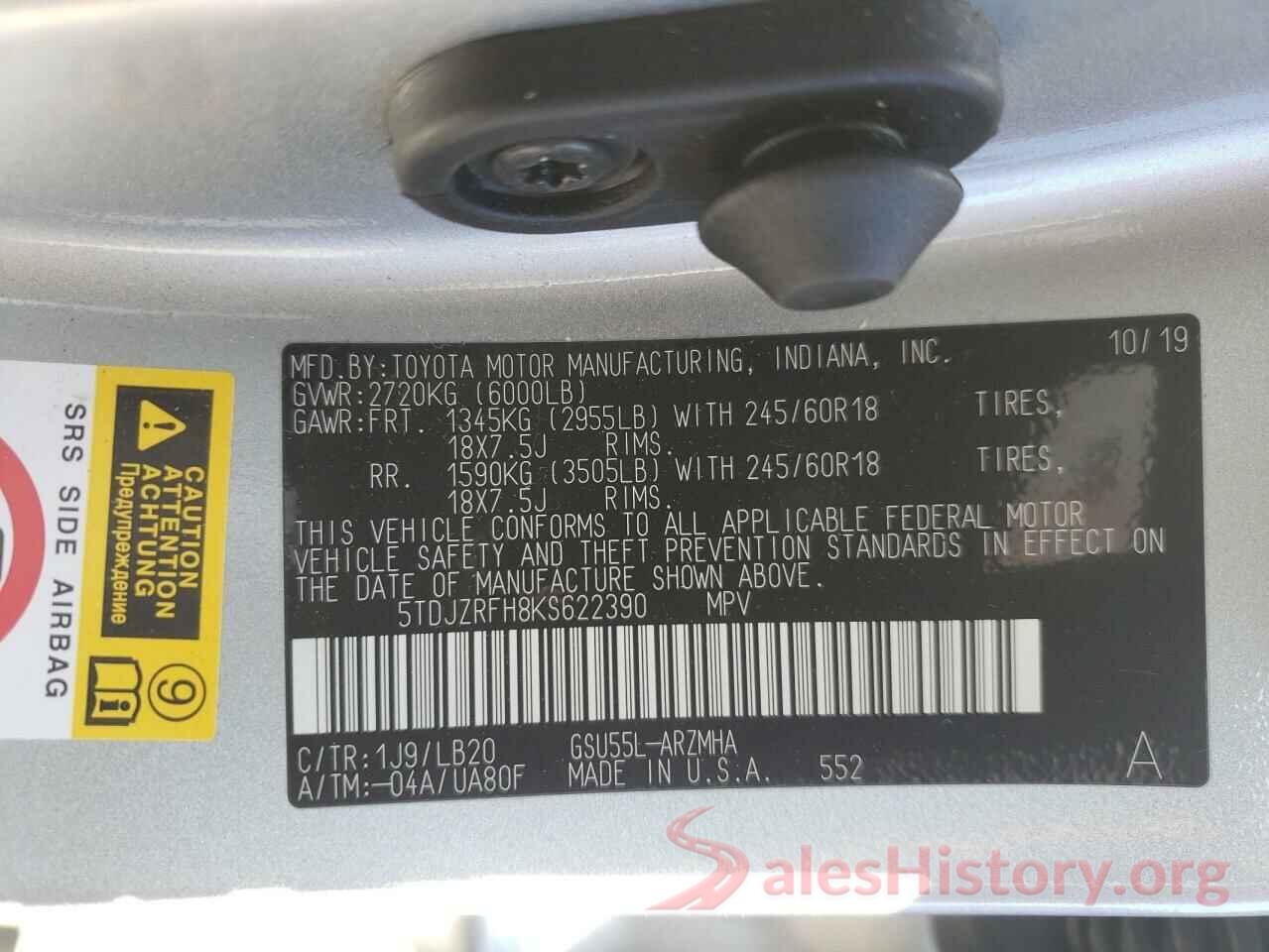 5TDJZRFH8KS622390 2019 TOYOTA HIGHLANDER