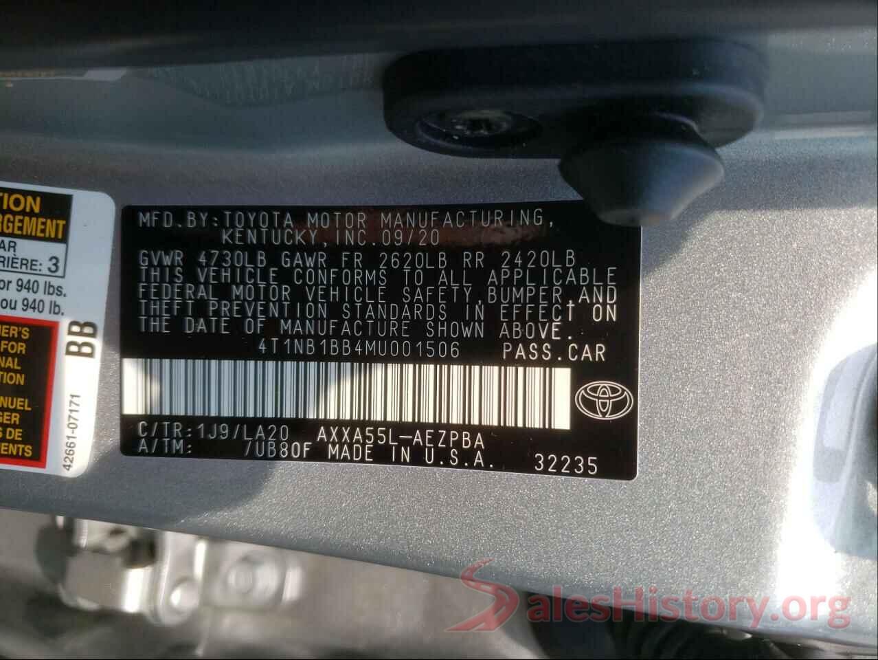 4T1NB1BB4MU001506 2021 TOYOTA AVALON