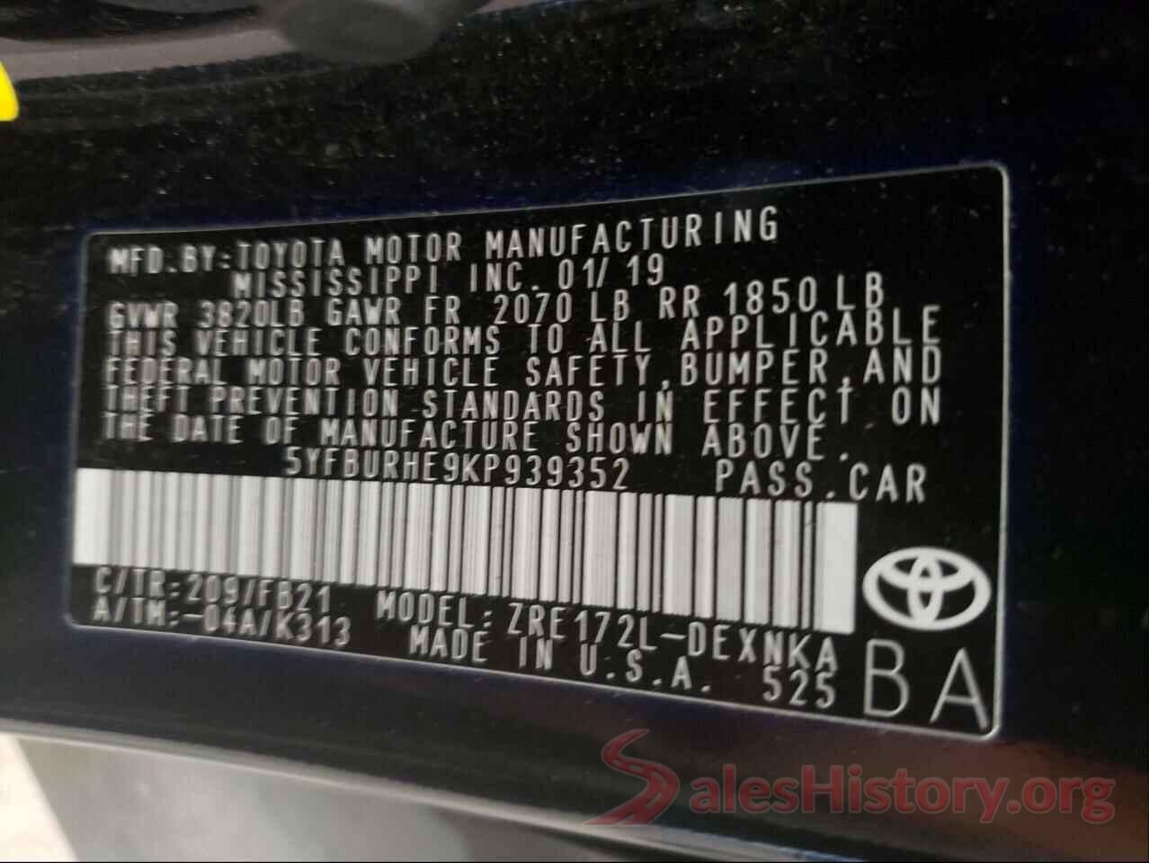 5YFBURHE9KP939352 2019 TOYOTA COROLLA