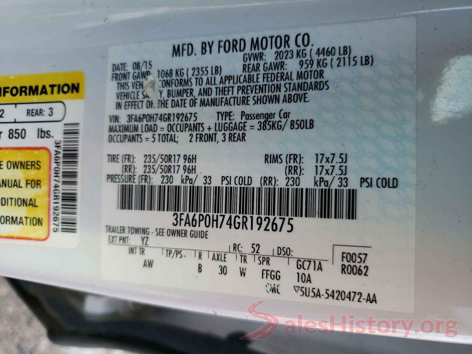 3FA6P0H74GR192675 2016 FORD FUSION