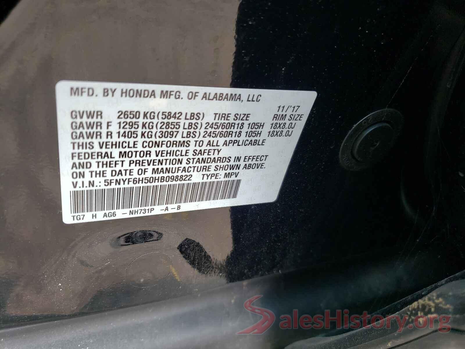 5FNYF6H50HB098822 2017 HONDA PILOT