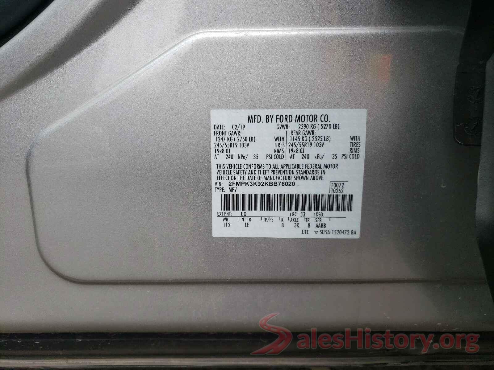 2FMPK3K92KBB76020 2019 FORD EDGE