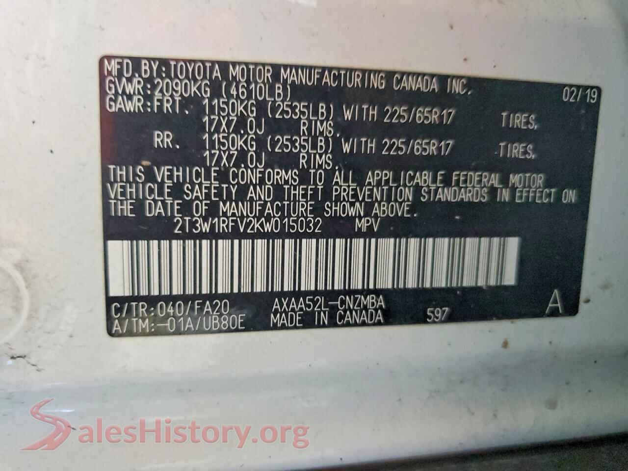 2019 TOYOTA RAV4 VIN 2T3W1RFV2KW015032, trunk area