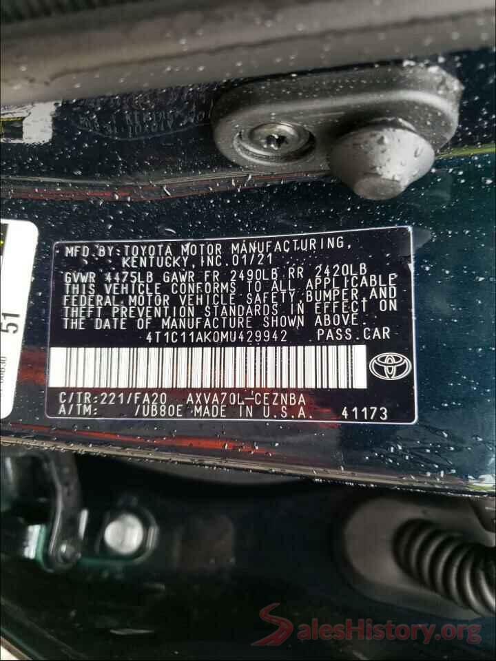 4T1C11AK0MU429942 2021 TOYOTA CAMRY