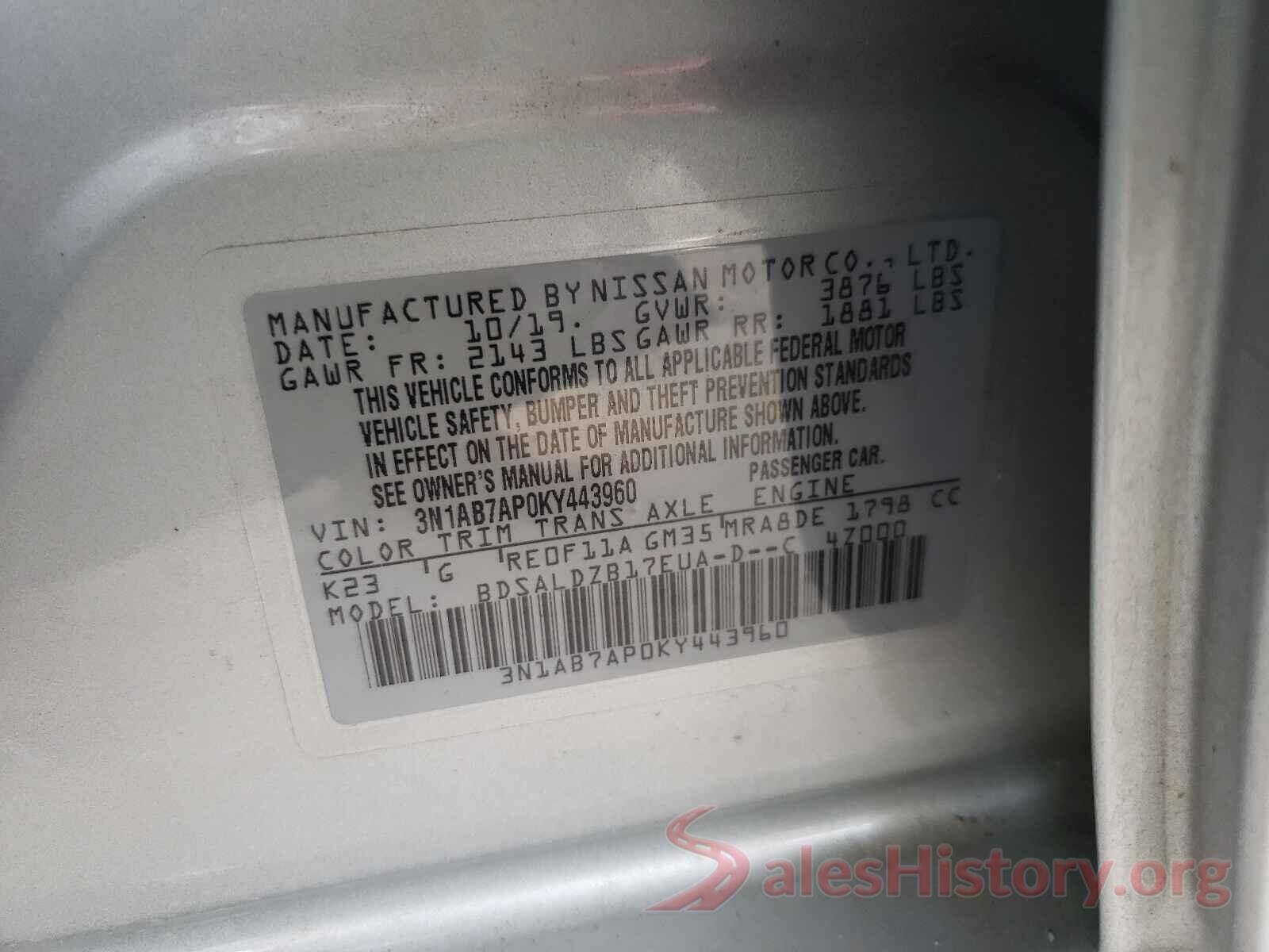 3N1AB7AP0KY443960 2019 NISSAN SENTRA