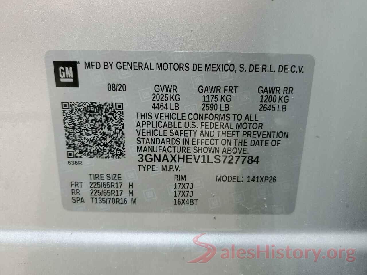 3GNAXHEV1LS727784 2020 CHEVROLET EQUINOX