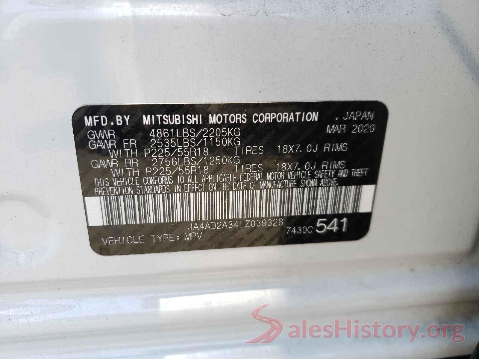 JA4AD2A34LZ039326 2020 MITSUBISHI OUTLANDER