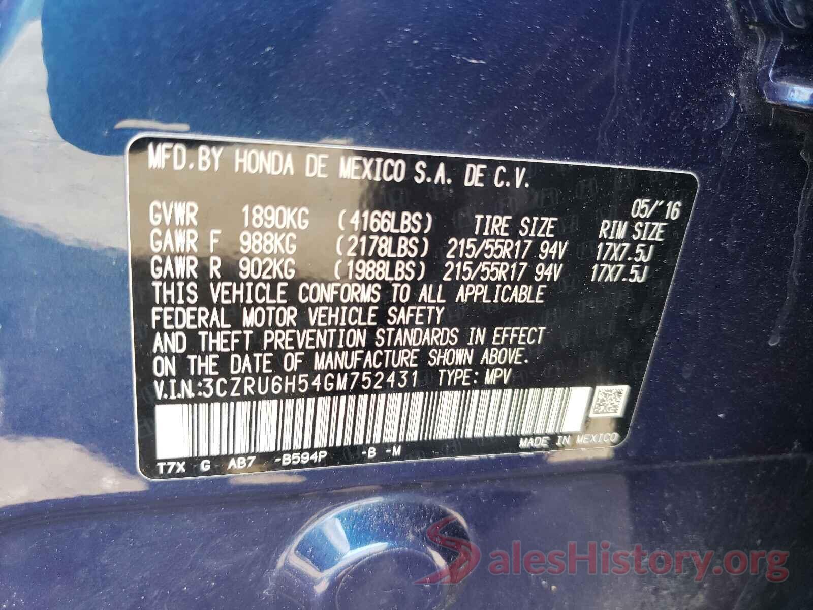 3CZRU6H54GM752431 2016 HONDA HR-V