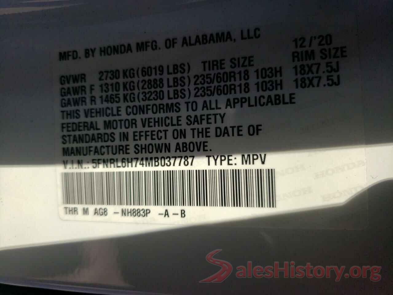 5FNRL6H74MB037787 2021 HONDA ODYSSEY