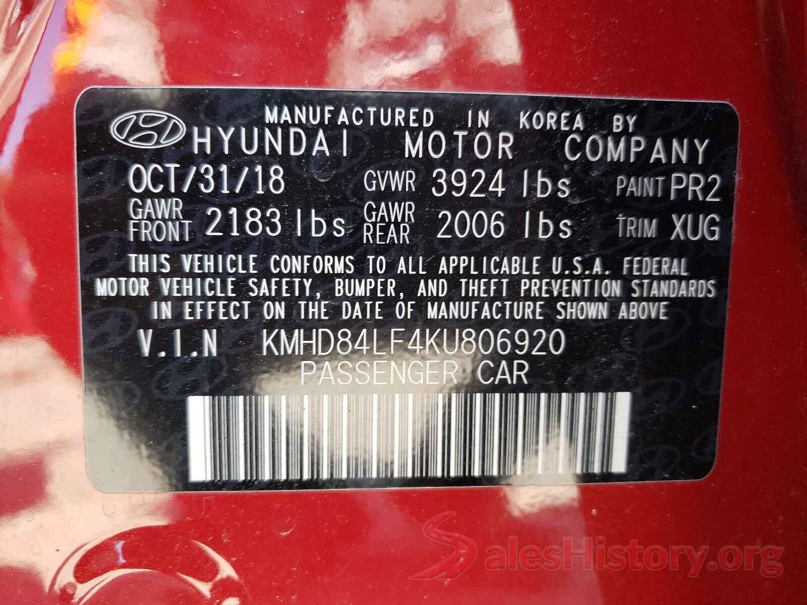 KMHD84LF4KU806920 2019 HYUNDAI ELANTRA