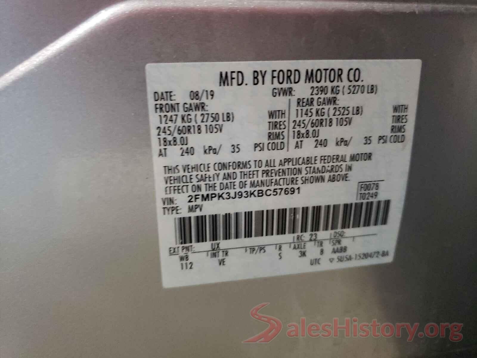 2FMPK3J93KBC57691 2019 FORD EDGE