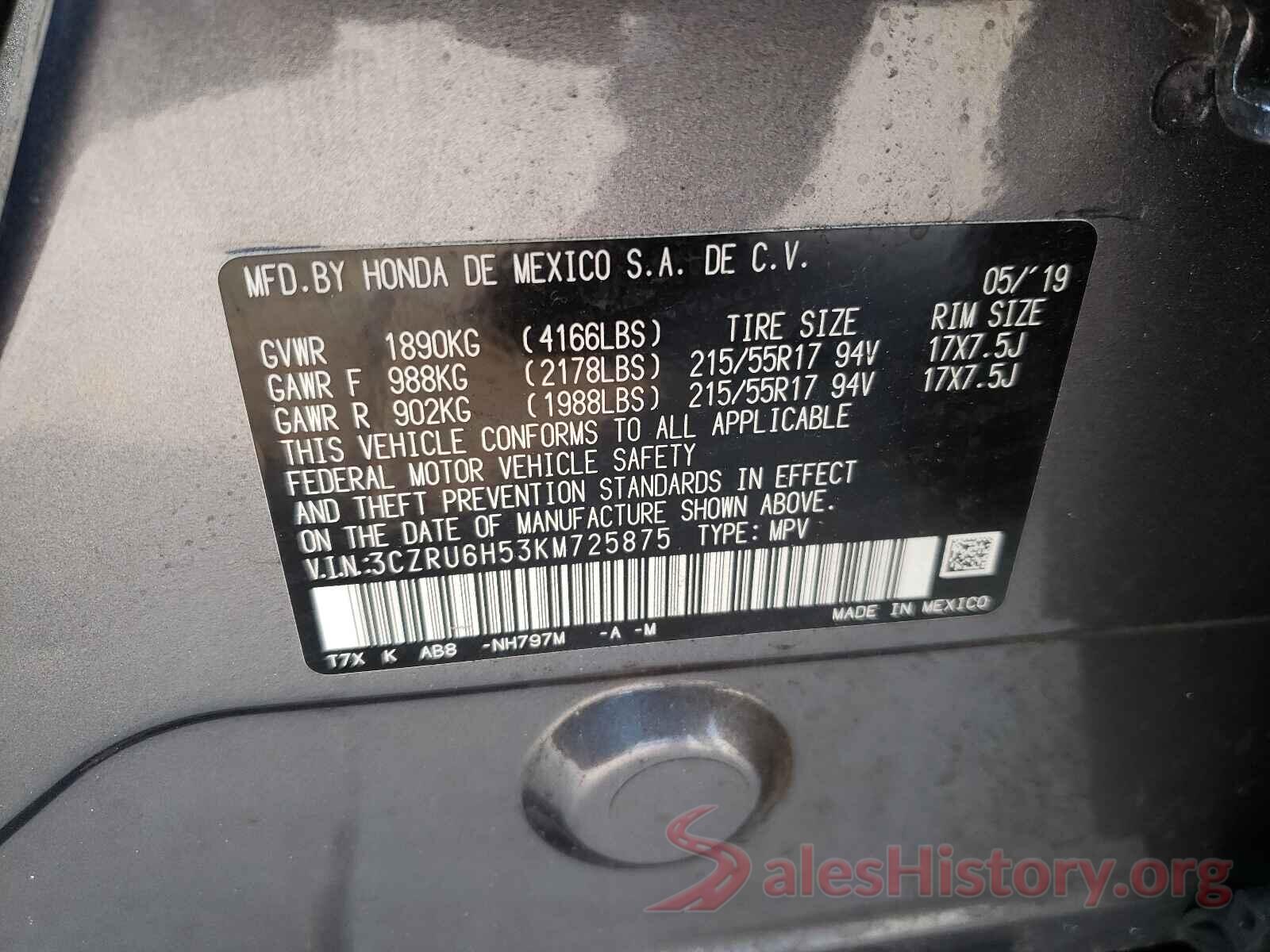 3CZRU6H53KM725875 2019 HONDA HR-V