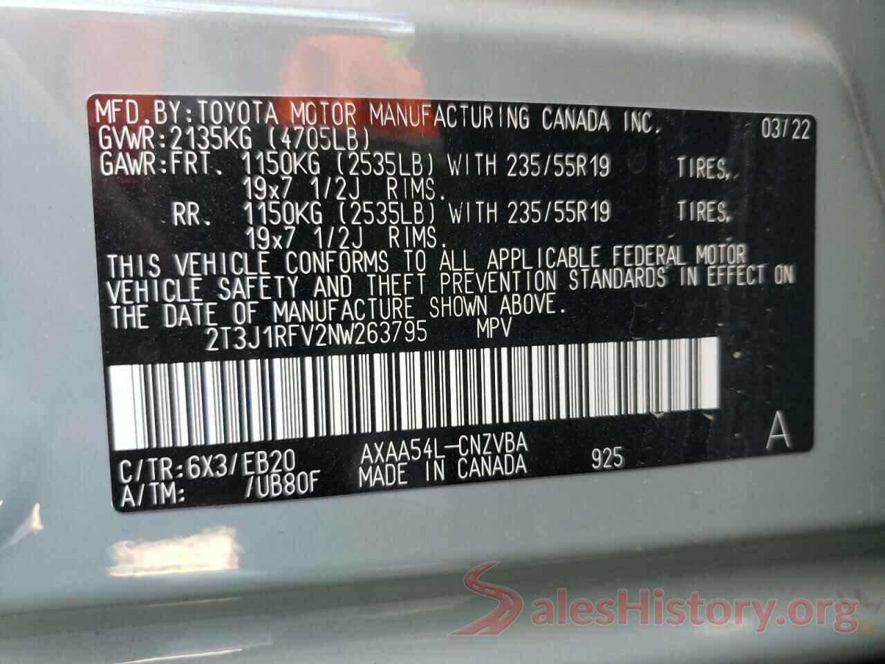 2T3J1RFV2NW263795 2022 TOYOTA RAV4