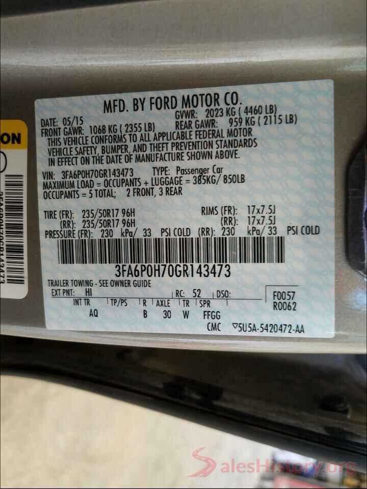 3FA6P0H70GR143473 2016 FORD FUSION