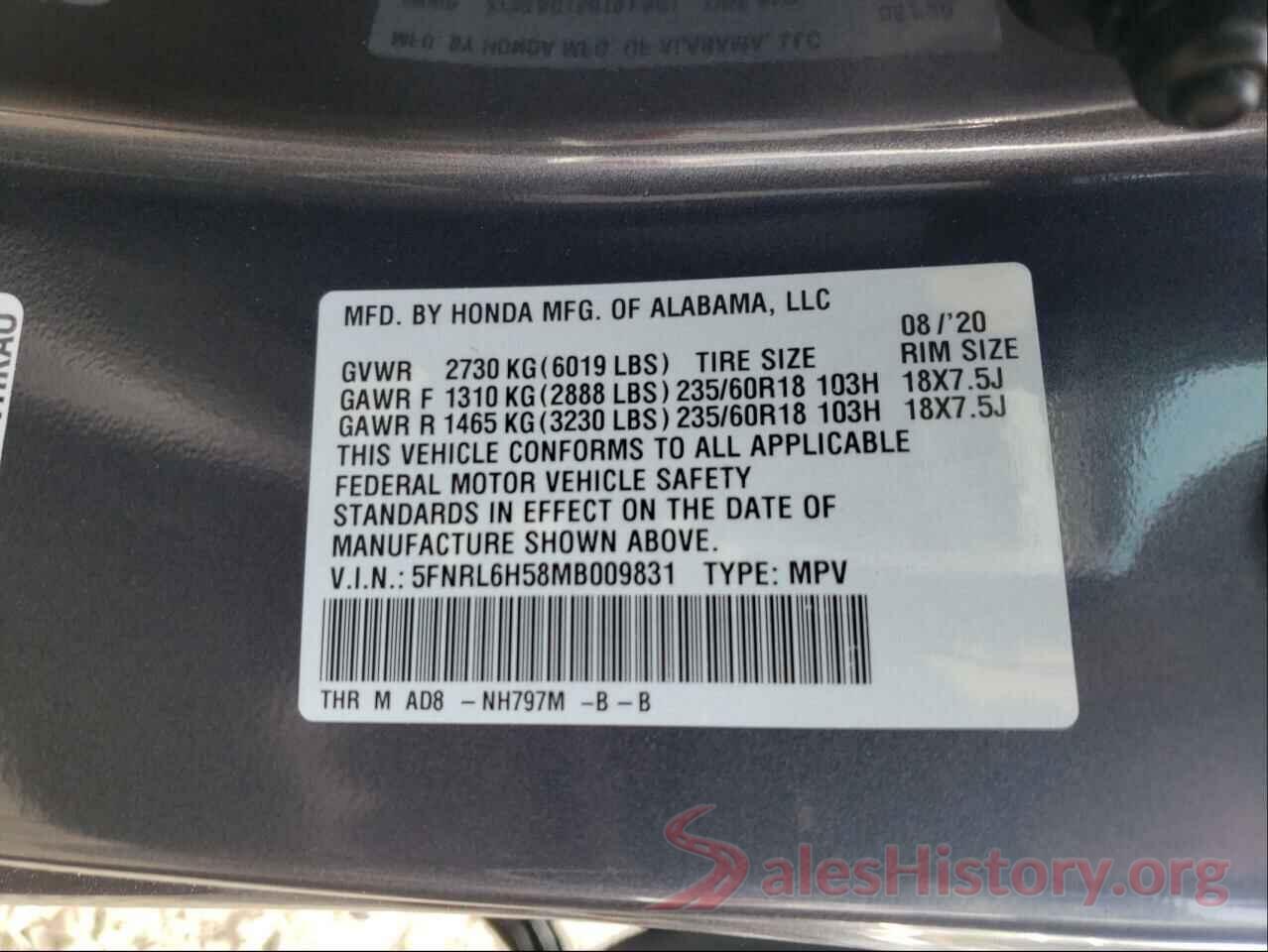 5FNRL6H58MB009831 2021 HONDA ODYSSEY